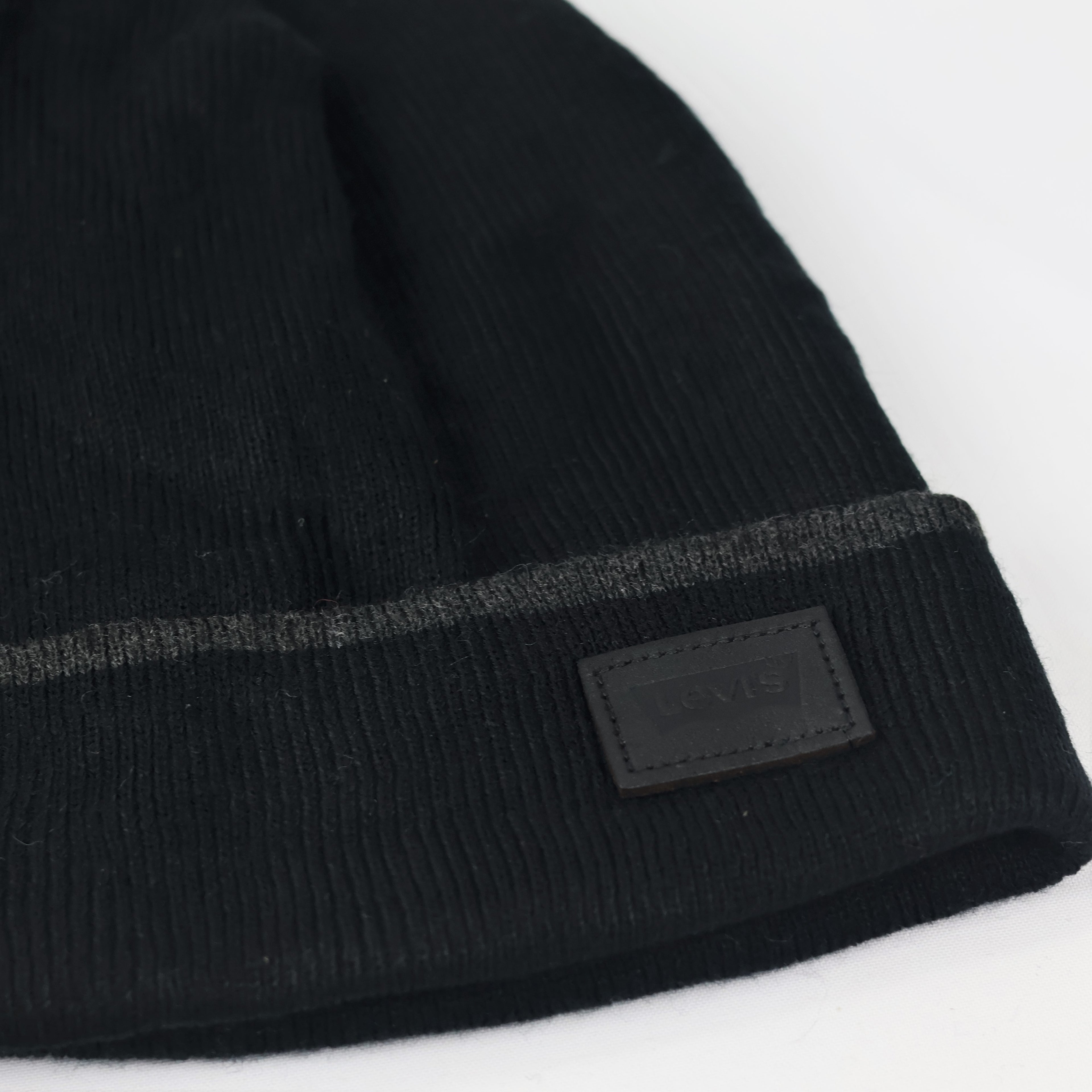 Levi's Classic Black Ribbed  Thrifted Beanie with Signature Red Tab Logo