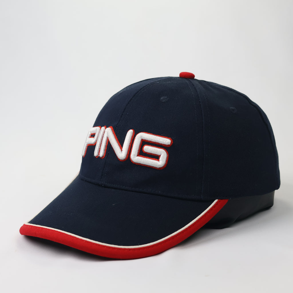 PING Sports Navy Blue Baseball Thrifted Cap - White & Red 3D Embroidery