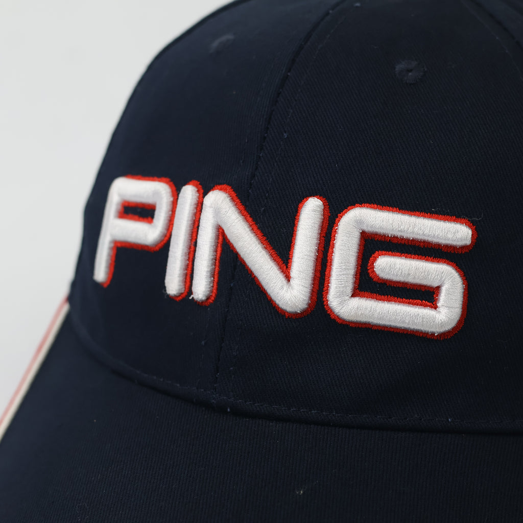 PING Sports Navy Blue Baseball Thrifted Cap - White & Red 3D Embroidery