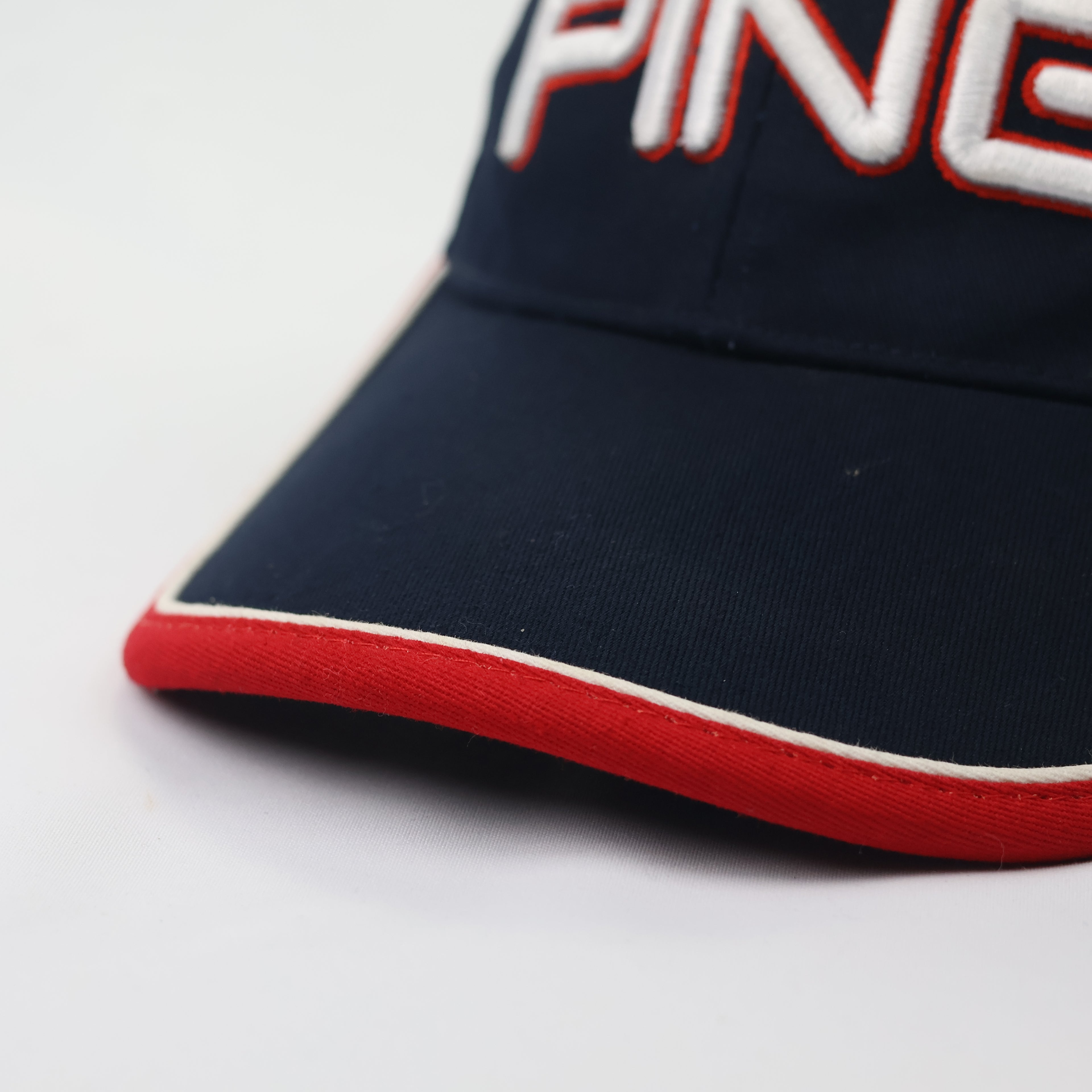 PING Sports Navy Blue Baseball Thrifted Cap - White & Red 3D Embroidery