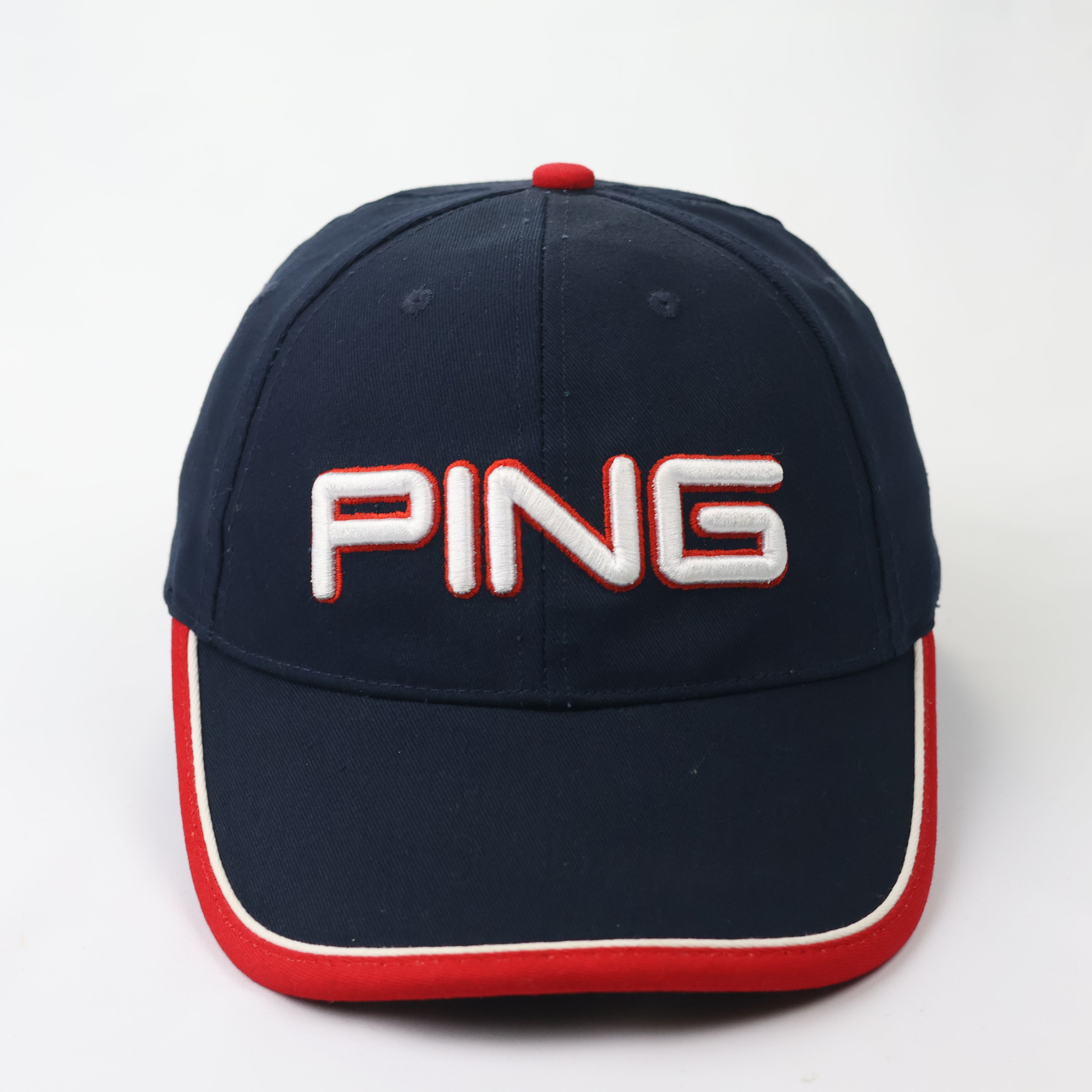 PING Sports Navy Blue Baseball Thrifted Cap - White & Red 3D Embroidery