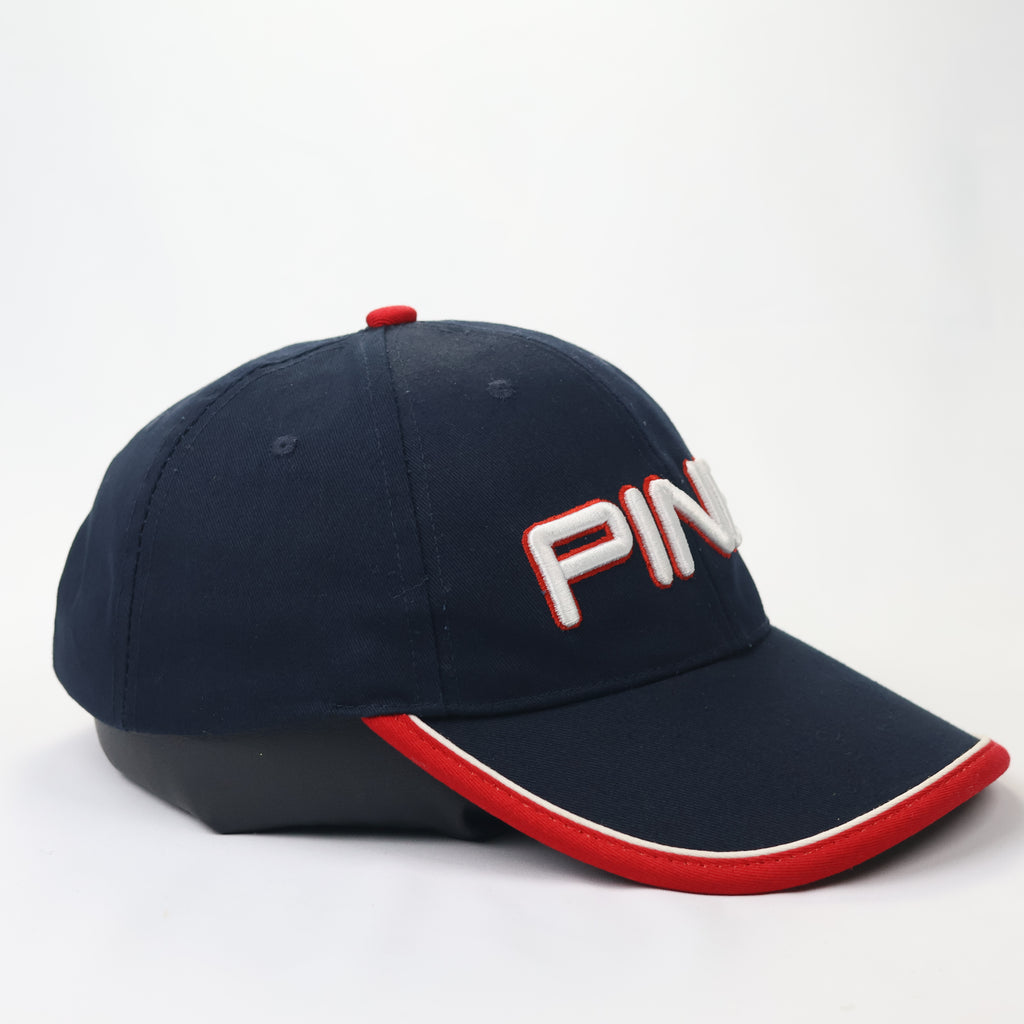 PING Sports Navy Blue Baseball Thrifted Cap - White & Red 3D Embroidery
