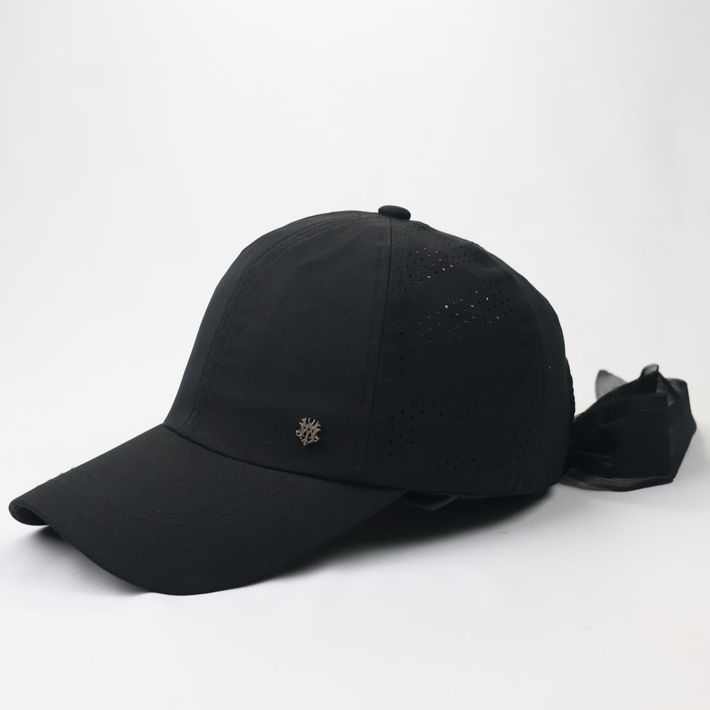 MQUM Black Laser-Cut Baseball Thrifted Cap with Detachable Chiffon Bow