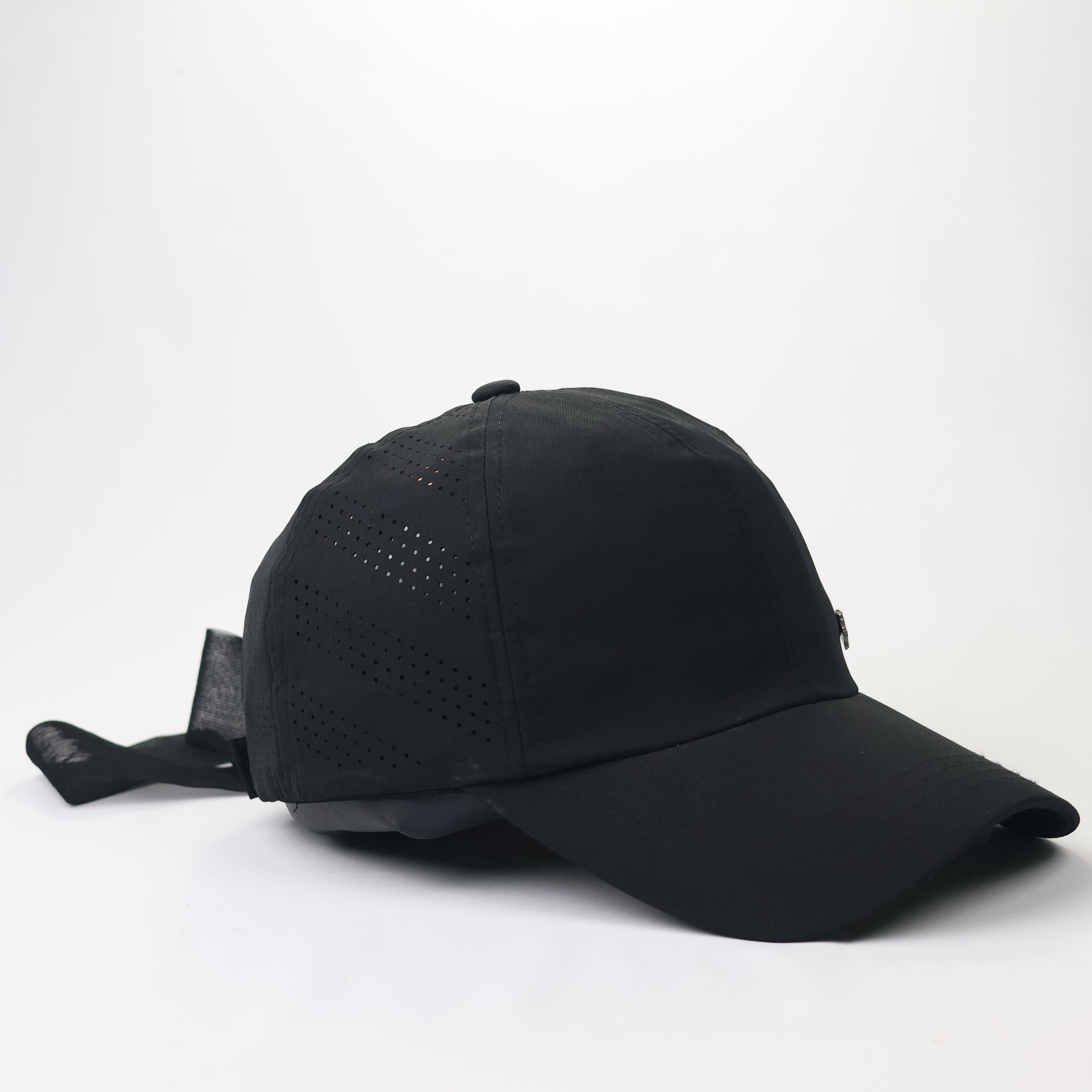 MQUM Black Laser-Cut Baseball Thrifted Cap with Detachable Chiffon Bow
