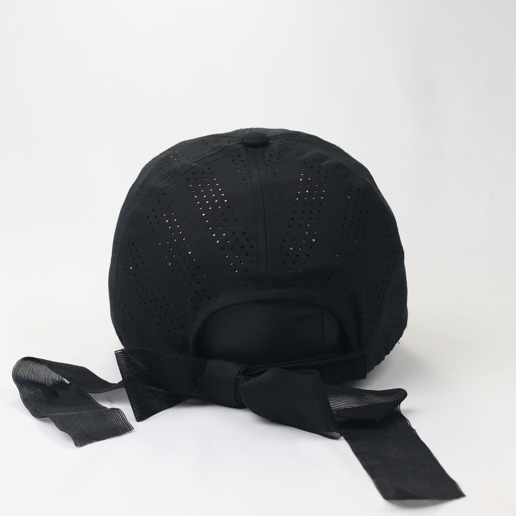 MQUM Black Laser-Cut Baseball Thrifted Cap with Detachable Chiffon Bow
