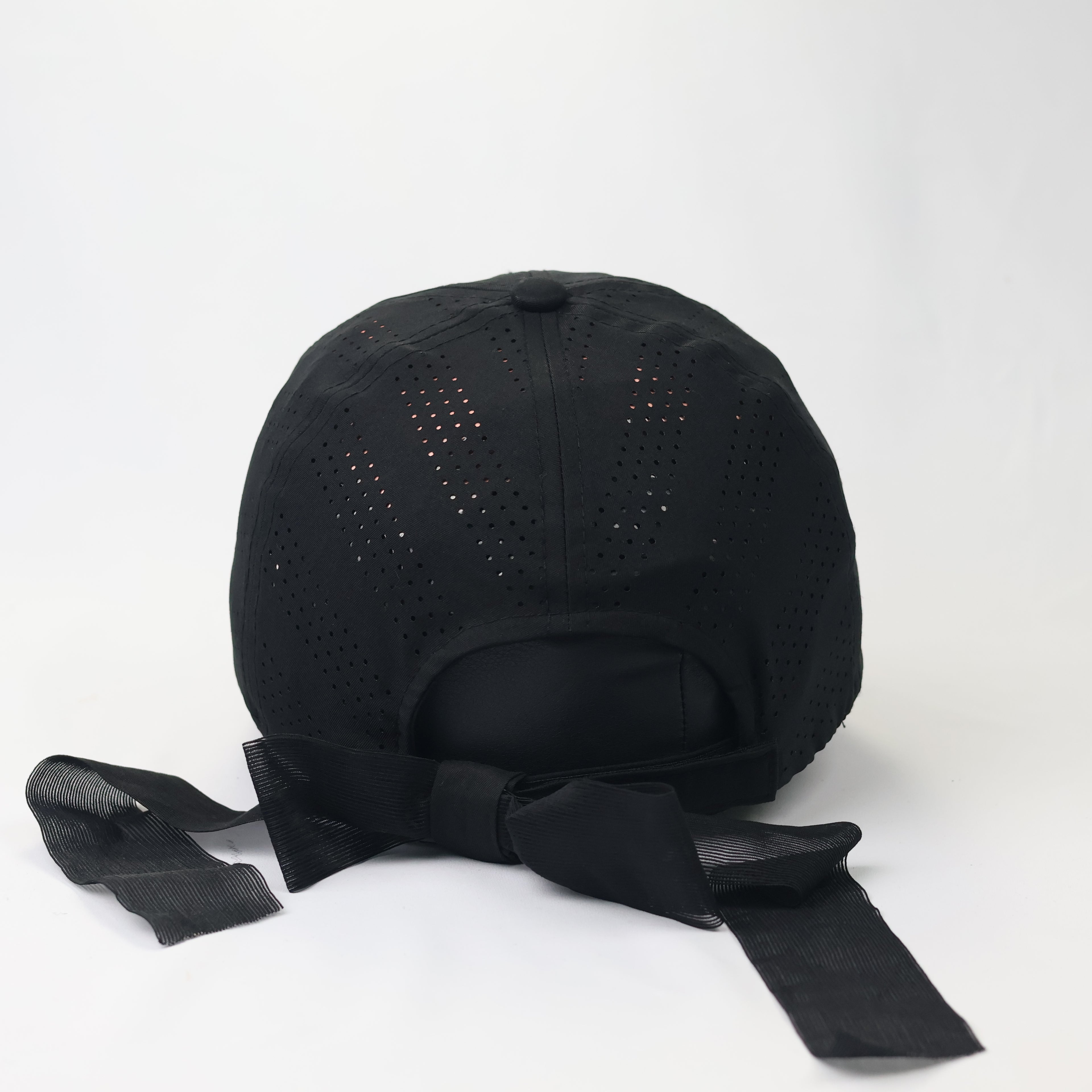 MQUM Black Laser-Cut Baseball Thrifted Cap with Detachable Chiffon Bow