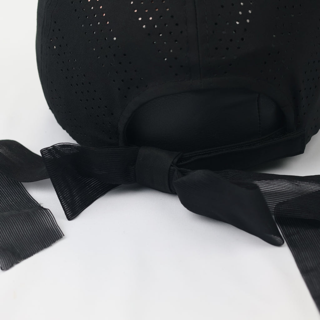 MQUM Black Laser-Cut Baseball Thrifted Cap with Detachable Chiffon Bow