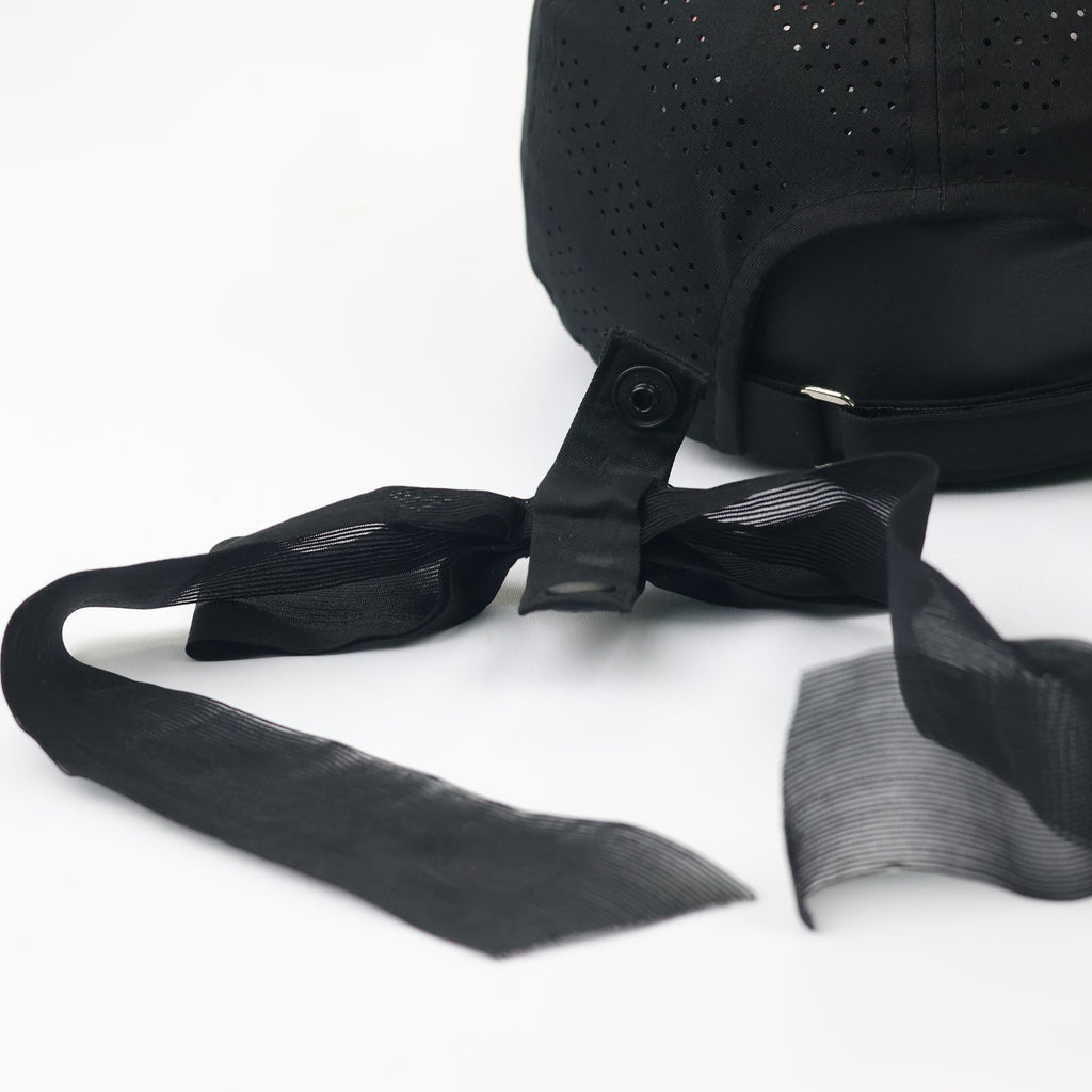 MQUM Black Laser-Cut Baseball Thrifted Cap with Detachable Chiffon Bow