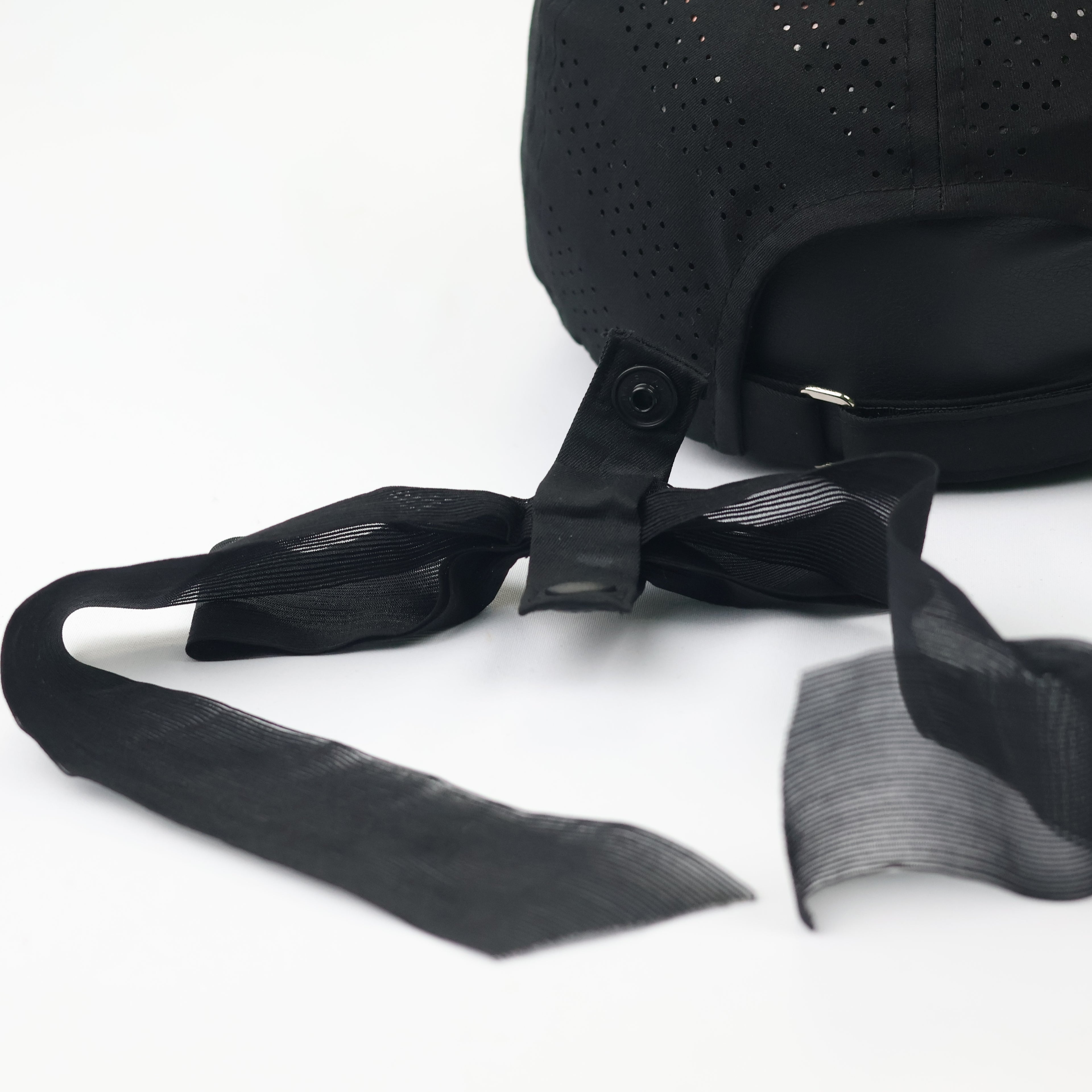MQUM Black Laser-Cut Baseball Thrifted Cap with Detachable Chiffon Bow