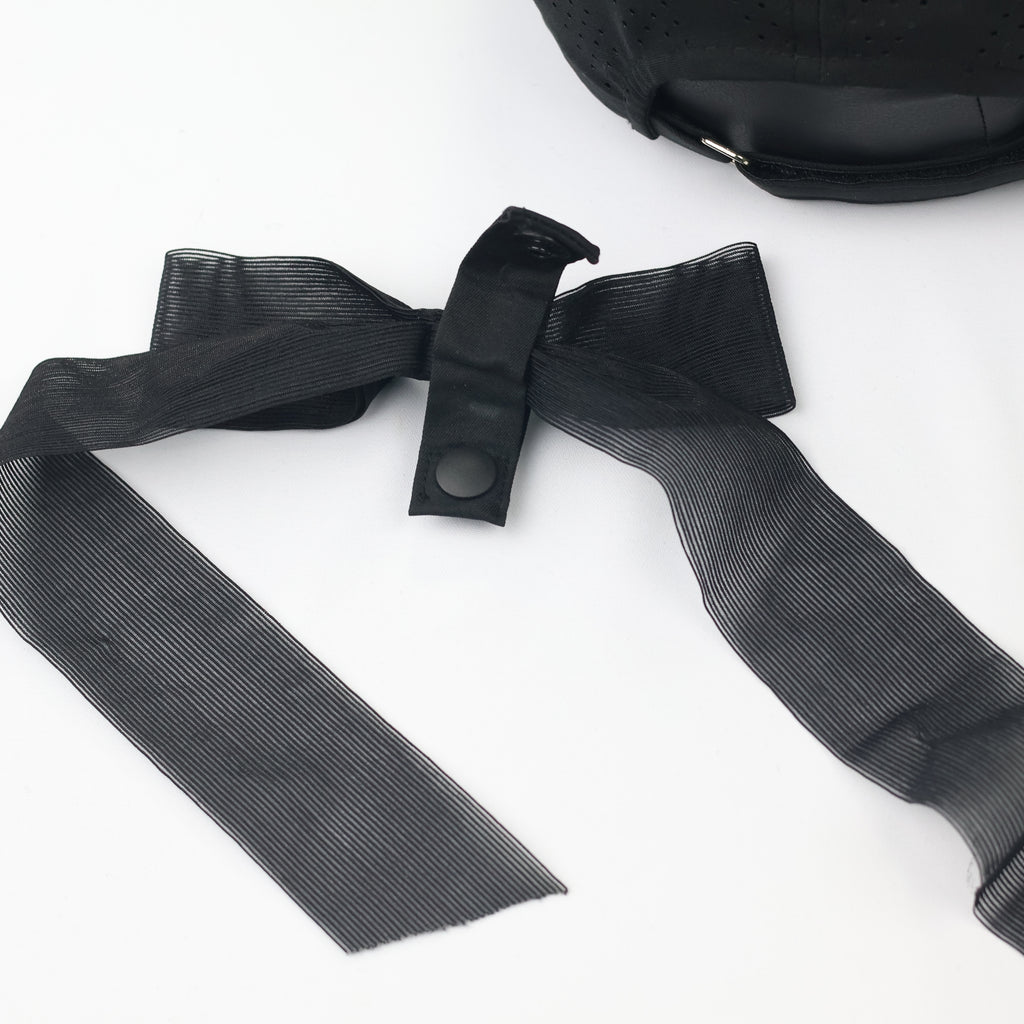 MQUM Black Laser-Cut Baseball Thrifted Cap with Detachable Chiffon Bow