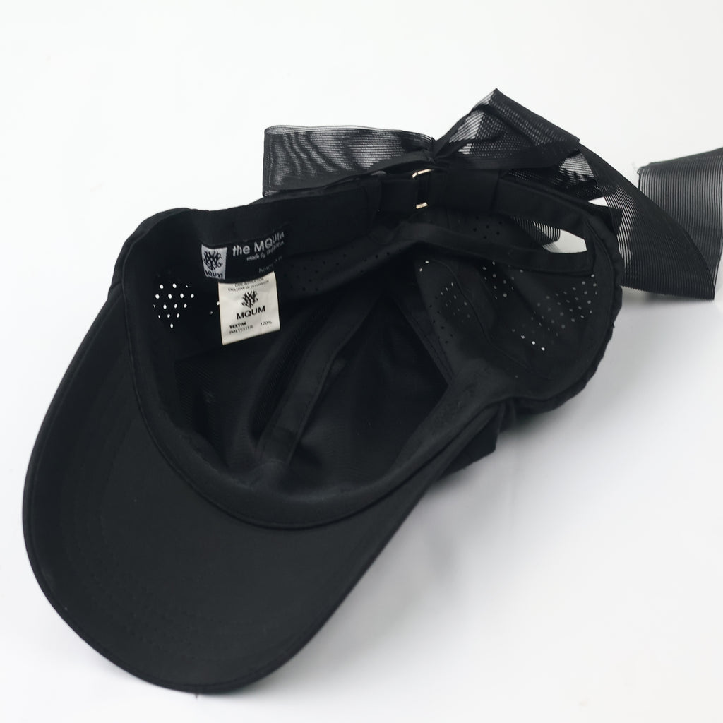 MQUM Black Laser-Cut Baseball Thrifted Cap with Detachable Chiffon Bow
