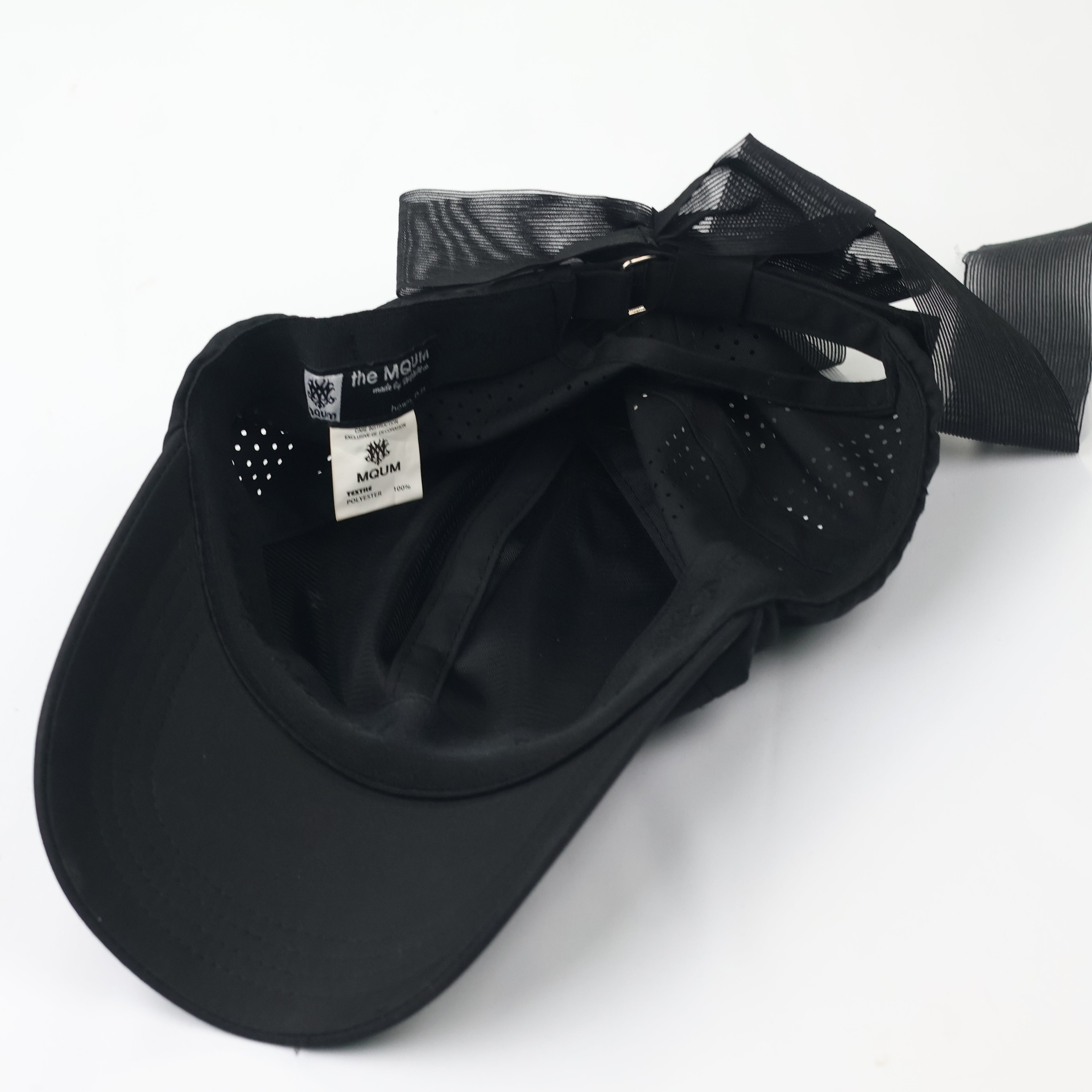 MQUM Black Laser-Cut Baseball Thrifted Cap with Detachable Chiffon Bow