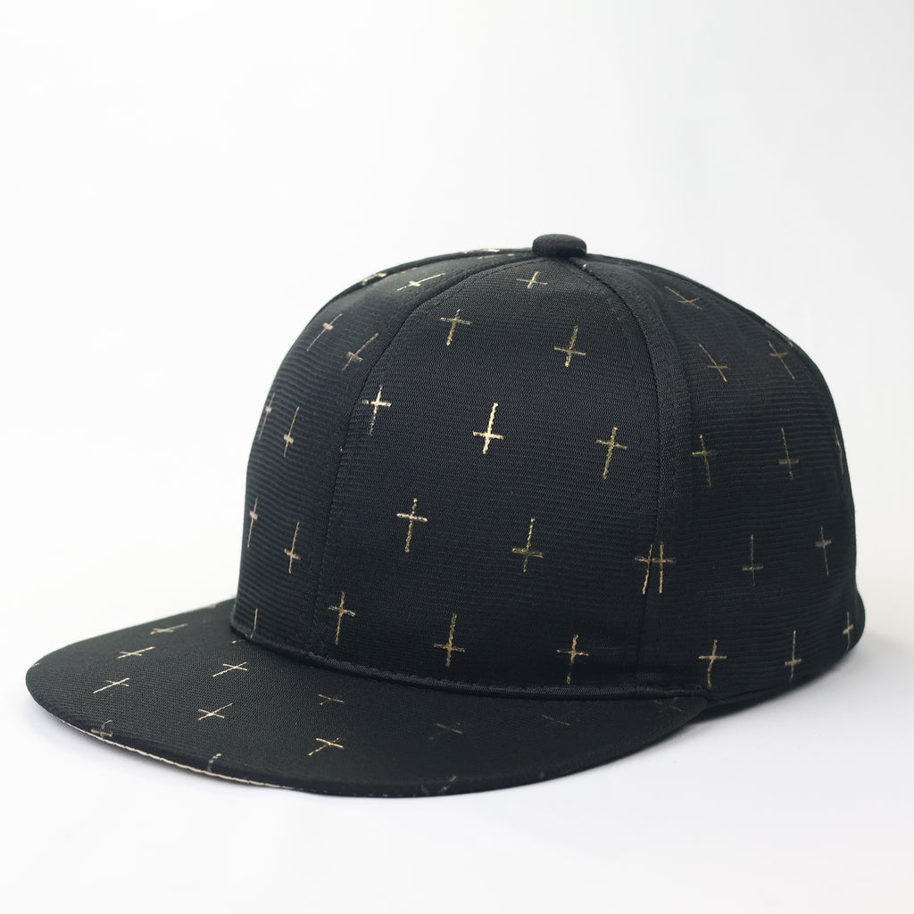 Gothic Gold Cross Pattern Snapback Hat - Black Streetwear Cap