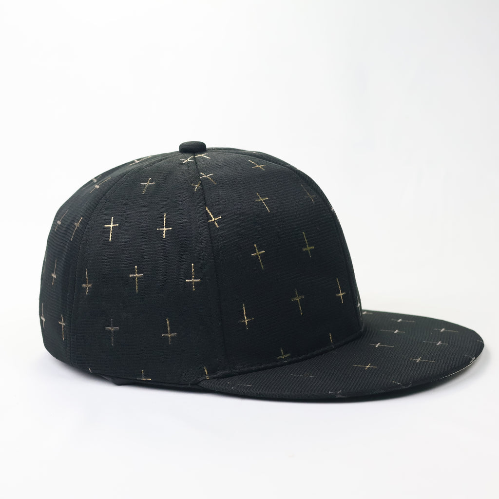 Gothic Gold Cross Pattern Snapback Hat - Black Streetwear Cap
