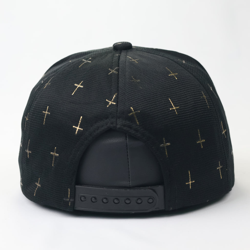 Gothic Gold Cross Pattern Snapback Hat - Black Streetwear Cap