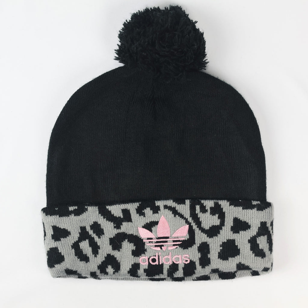 Adidas Adult Unisex Leopard Print Pom Thrifted Beanie - Black and Grey Winter Hat