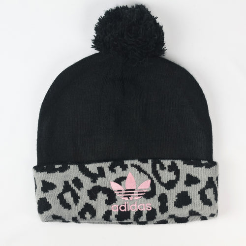 Adidas Adult Unisex Leopard Print Pom Thrifted Beanie - Black and Grey Winter Hat