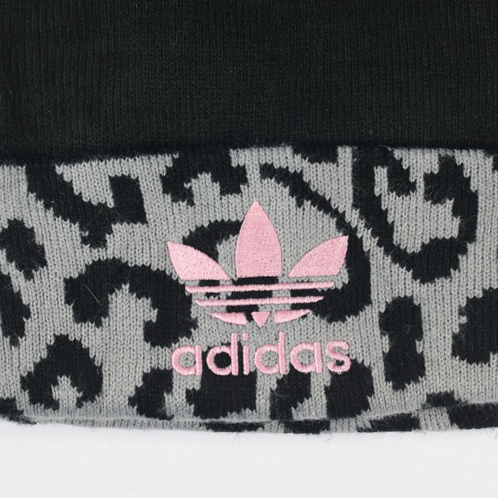 Adidas Adult Unisex Leopard Print Pom Thrifted Beanie - Black and Grey Winter Hat