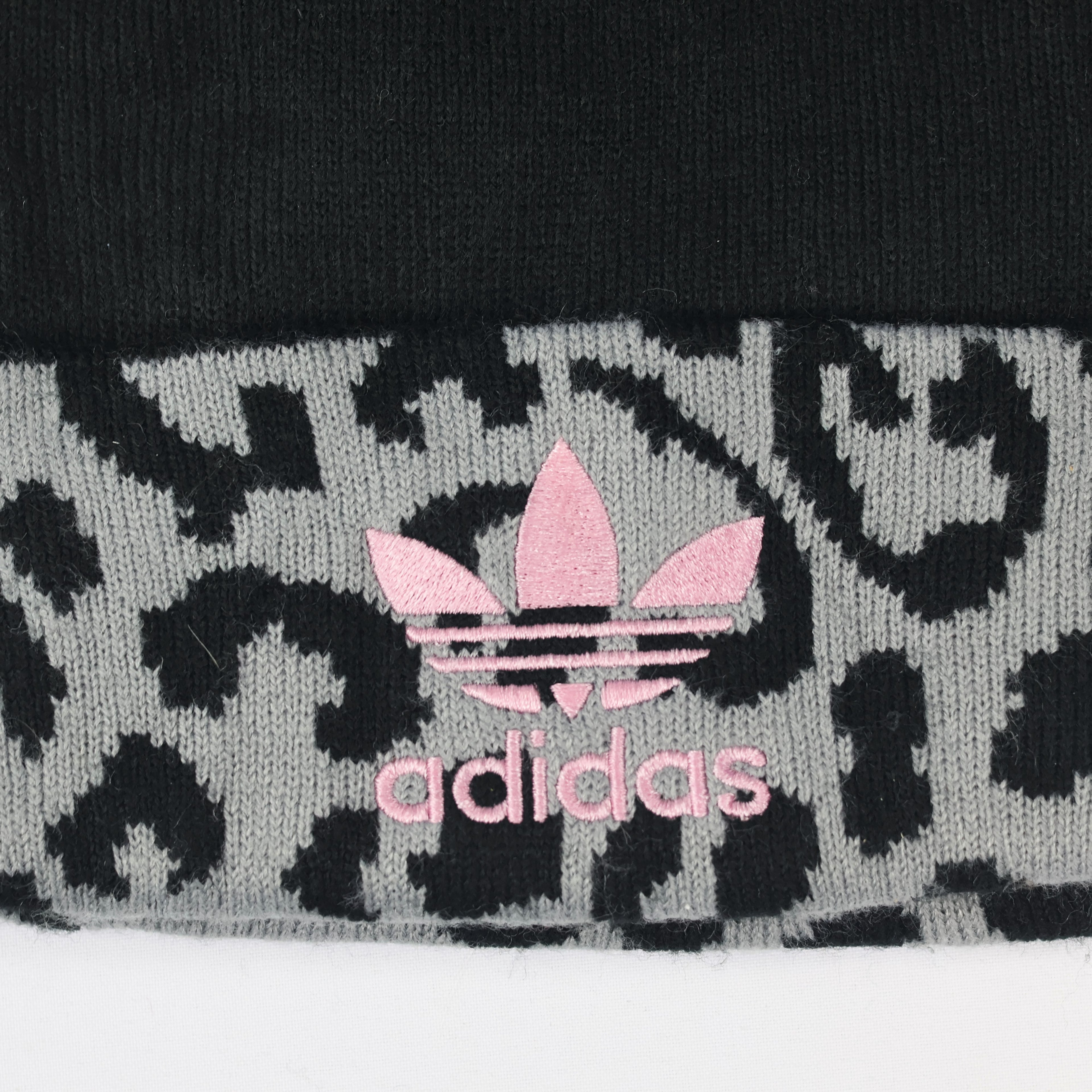 Adidas Adult Unisex Leopard Print Pom Thrifted Beanie - Black and Grey Winter Hat