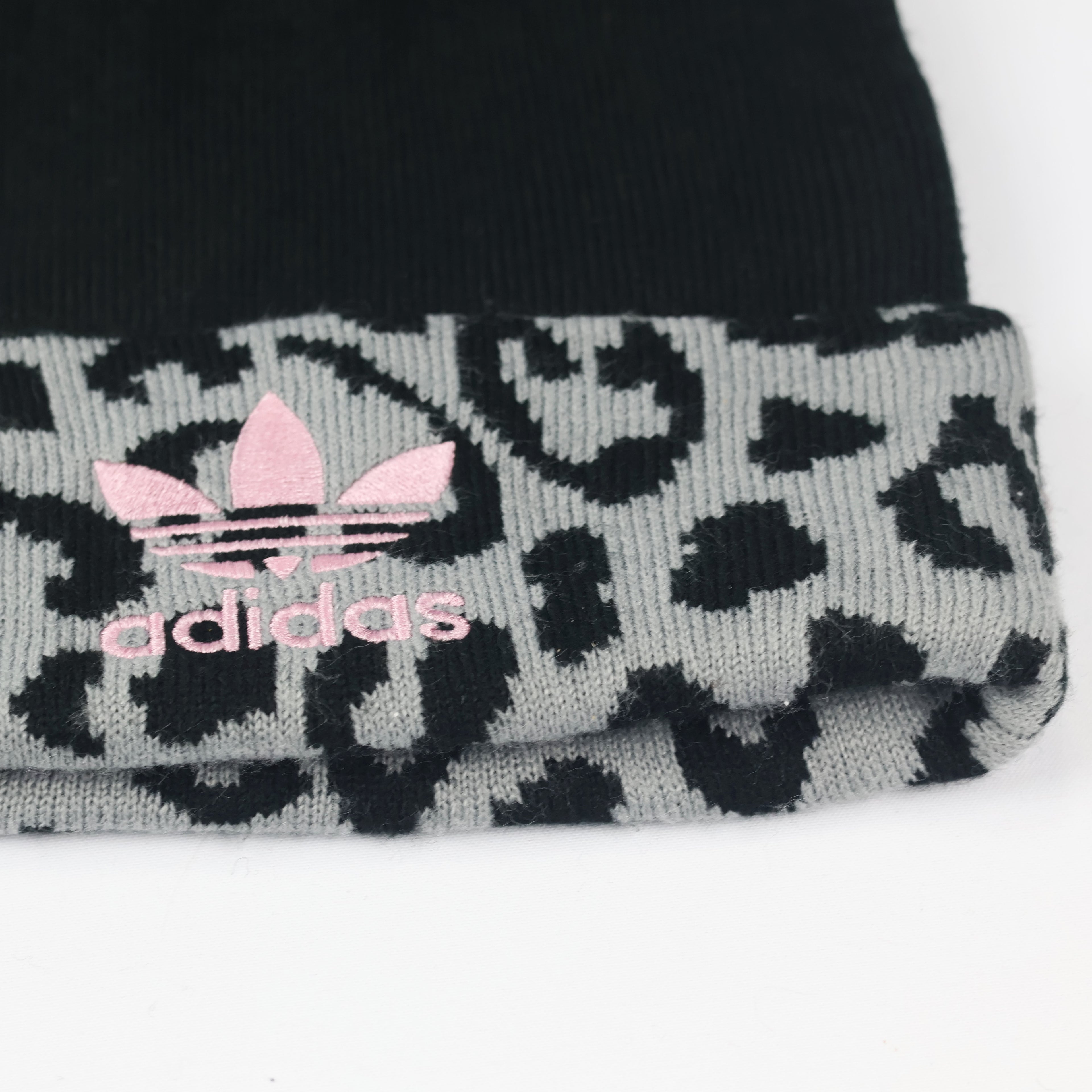 Adidas Adult Unisex Leopard Print Pom Thrifted Beanie - Black and Grey Winter Hat