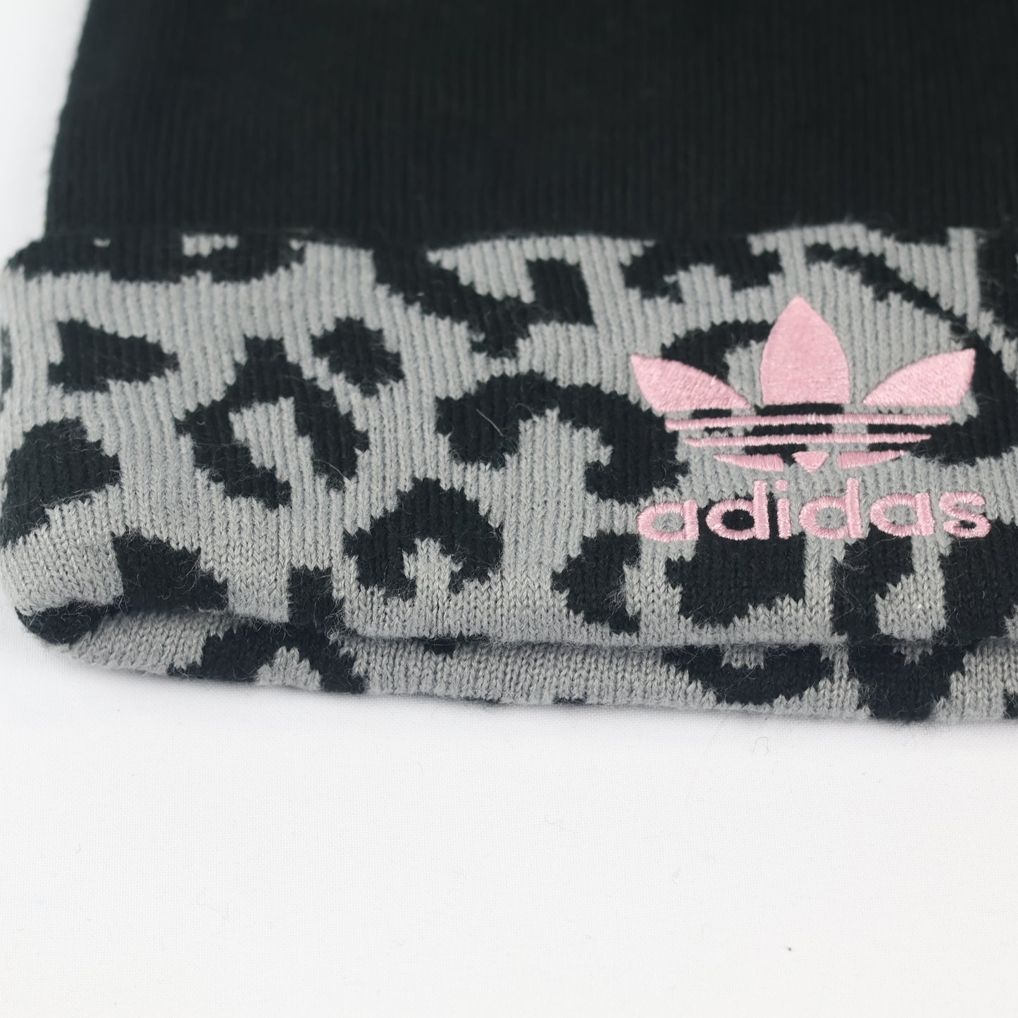 Adidas Adult Unisex Leopard Print Pom Thrifted Beanie - Black and Grey Winter Hat