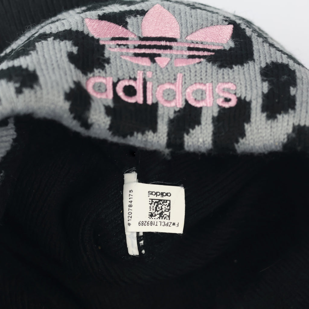 Adidas Adult Unisex Leopard Print Pom Thrifted Beanie - Black and Grey Winter Hat