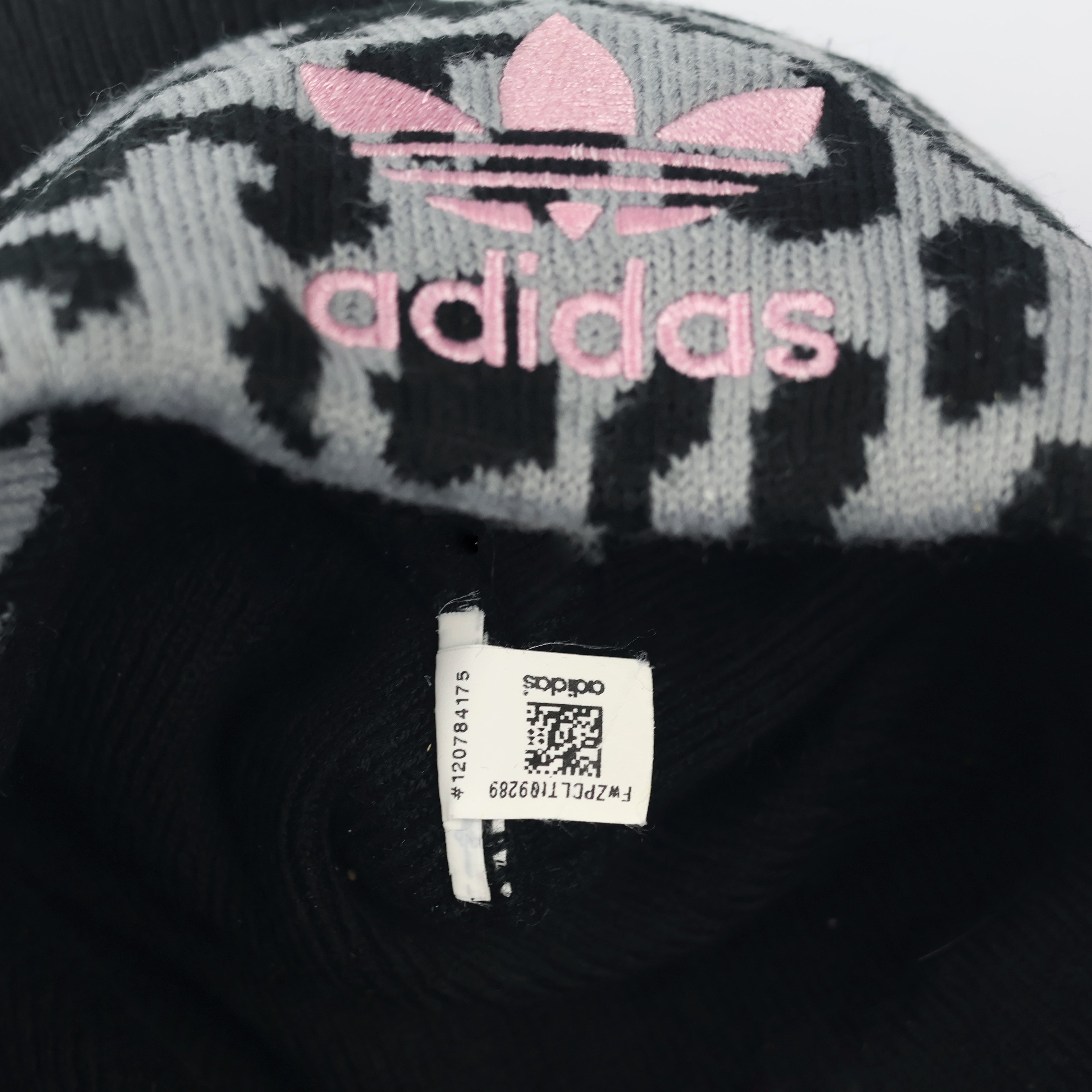 Adidas Adult Unisex Leopard Print Pom Thrifted Beanie - Black and Grey Winter Hat