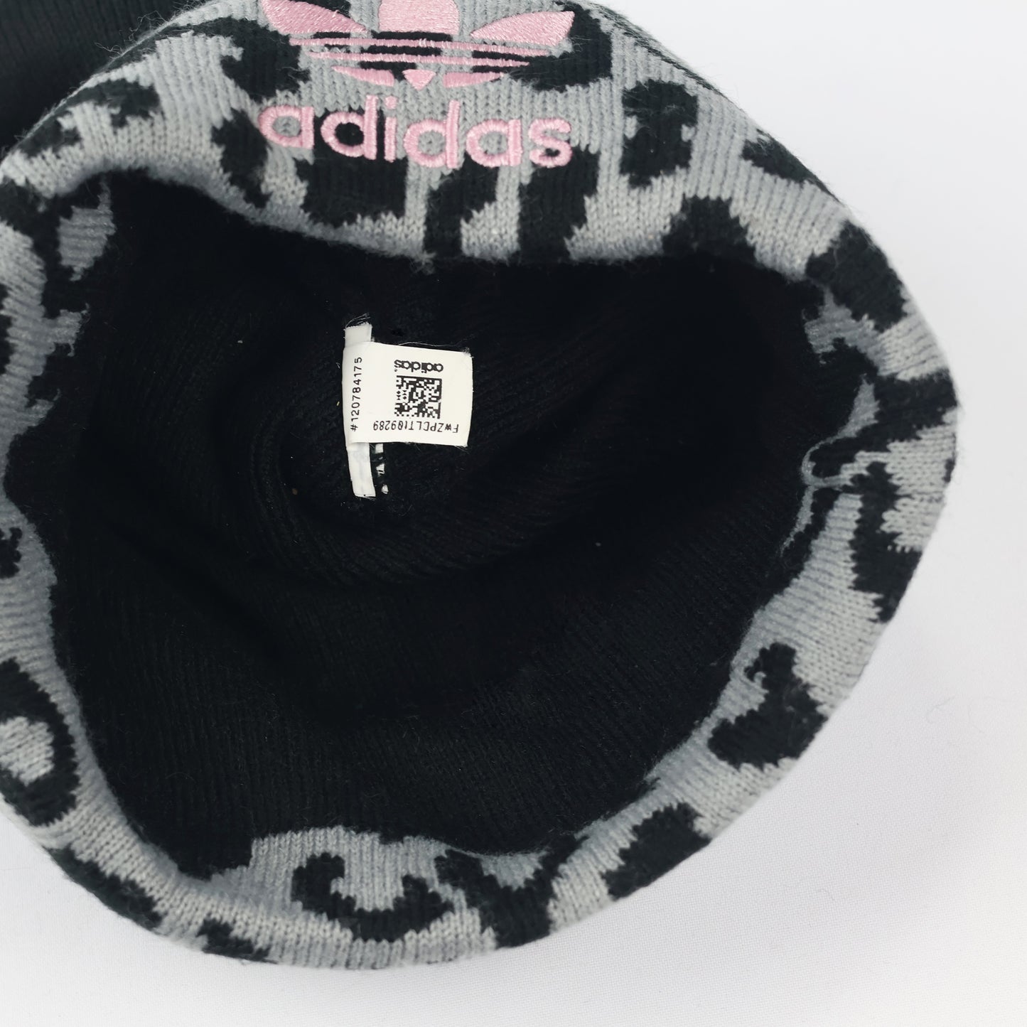 Adidas Adult Unisex Leopard Print Pom Thrifted Beanie - Black and Grey Winter Hat