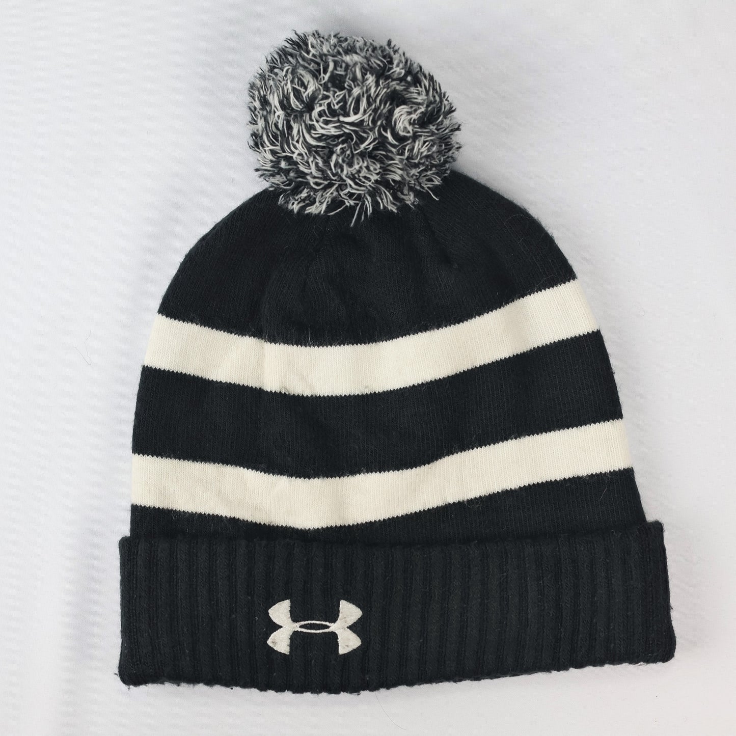 Under Armour Youth Black and white Pom Thrifted Beanie - ColdGear Winter Hat