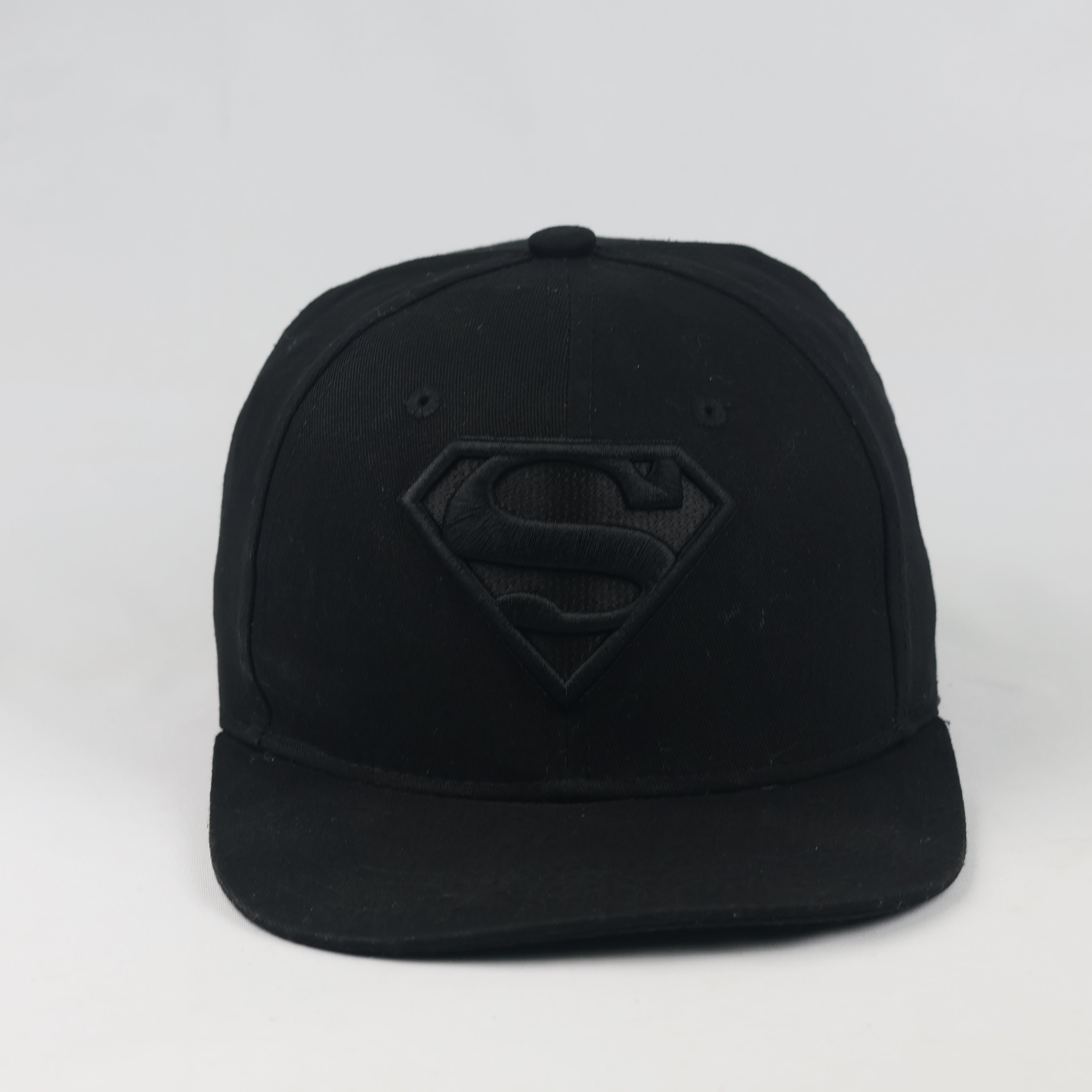Thrifted Black-on-Black Superman Shield Logo Flat Brim Snapback Cap