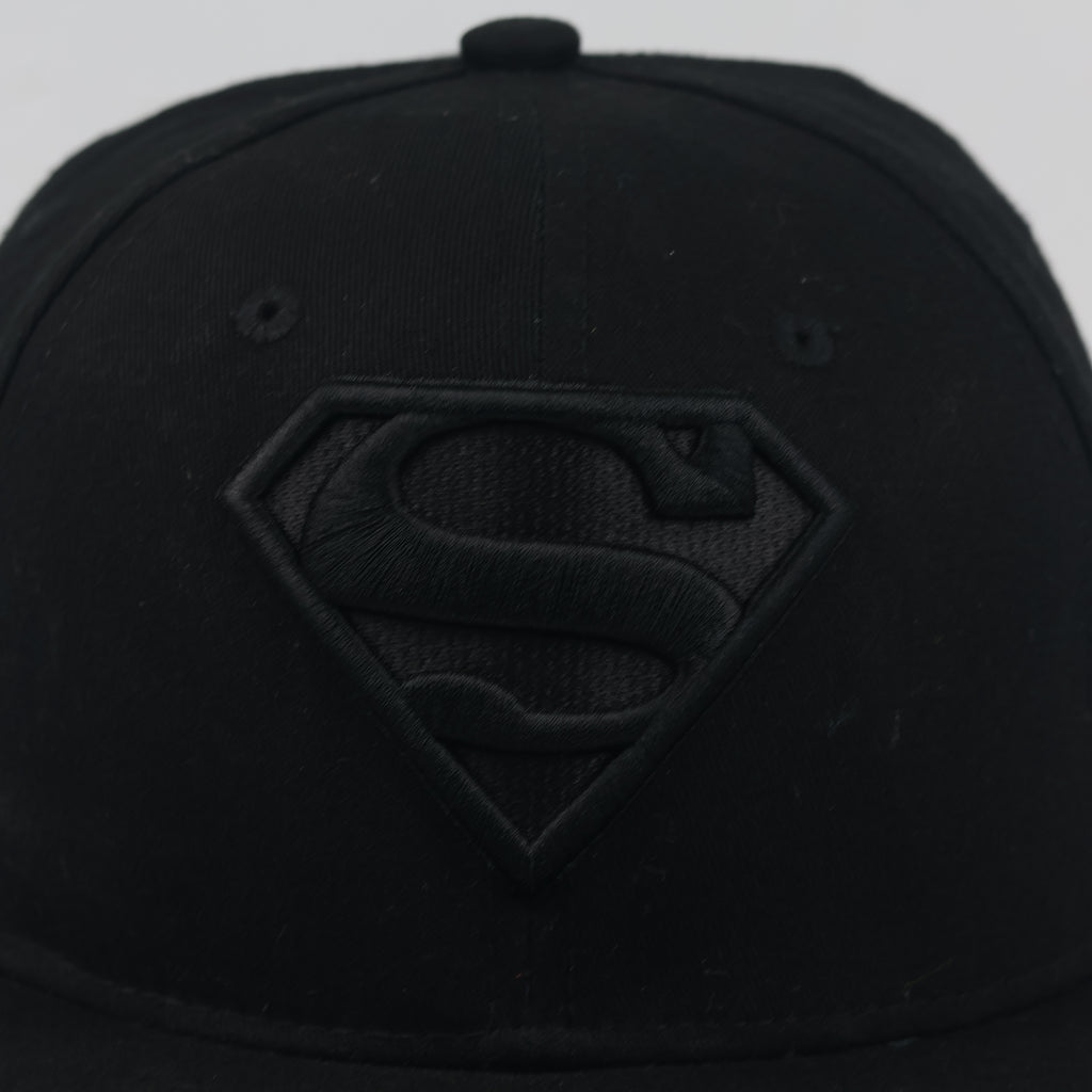 Thrifted Black-on-Black Superman Shield Logo Flat Brim Snapback Cap