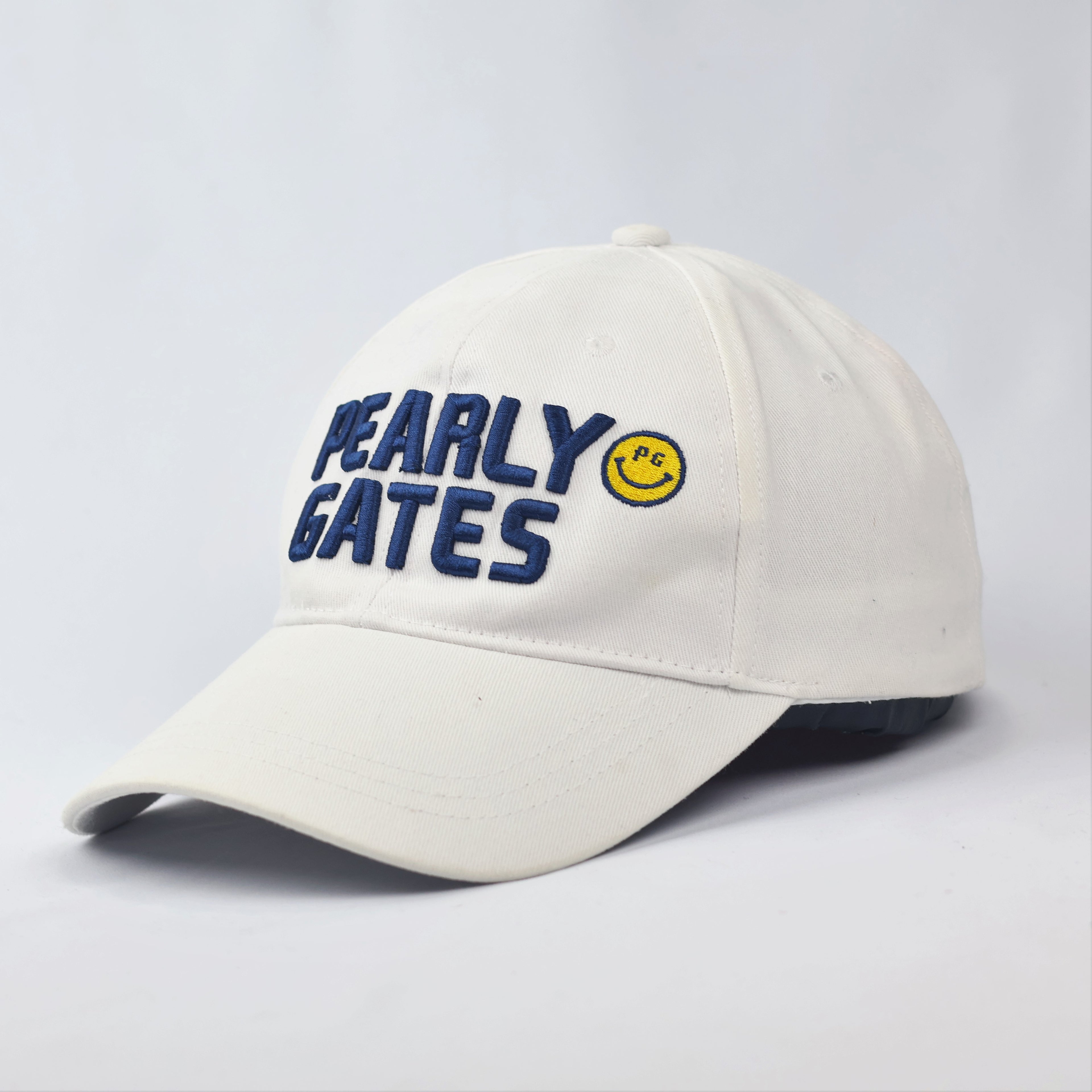Pearly Gates White Cotton Golf Thrifted Cap - Navy Blue Embroidered Logo