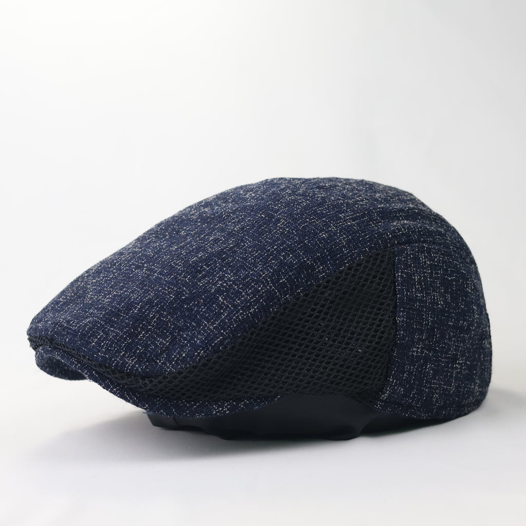 Vintage Speckled Navy Flat Cap - Breathable Mesh Side Panels