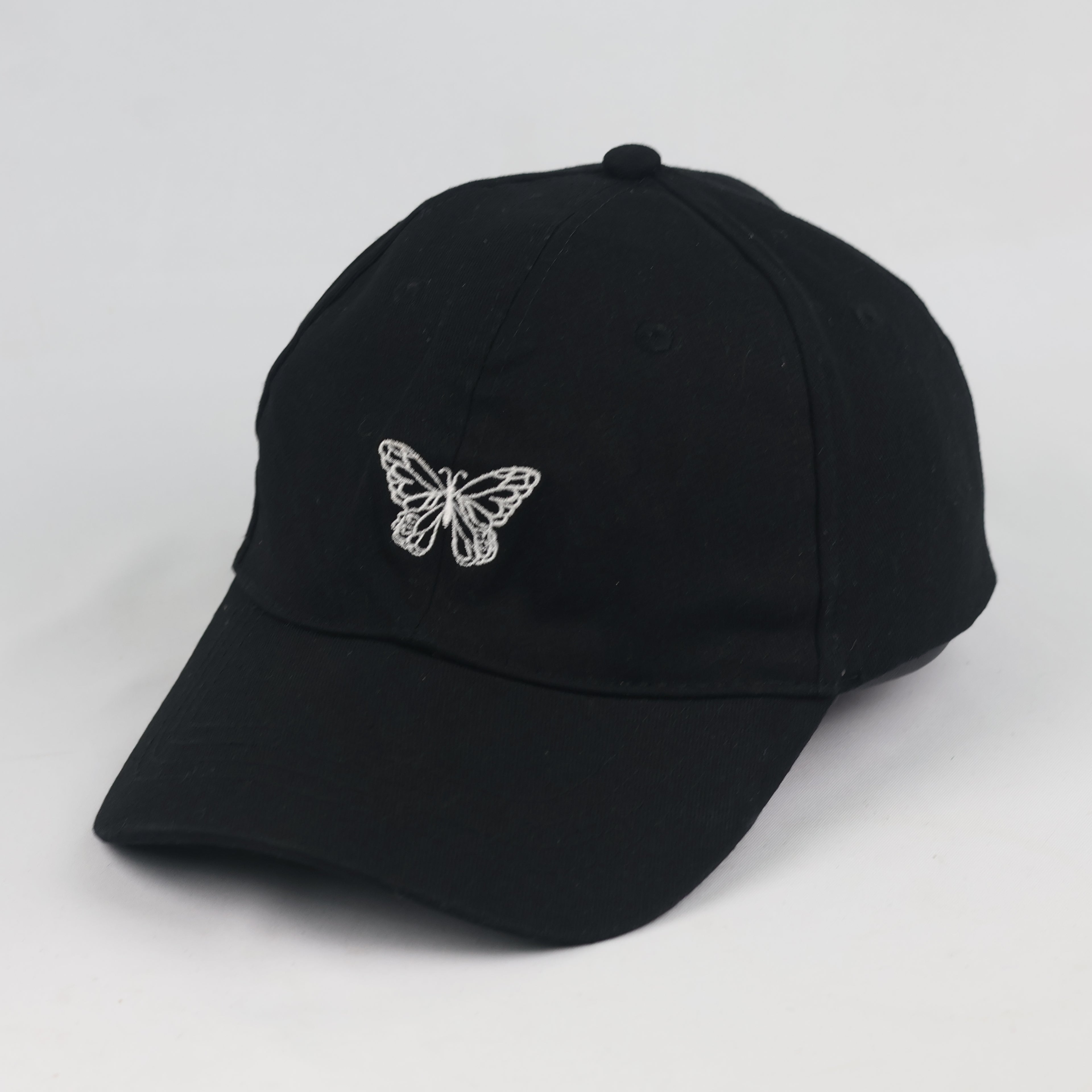 Thrifted Sinsay White Butterfly Outline Black Strapback Cap - Size 56-58cm