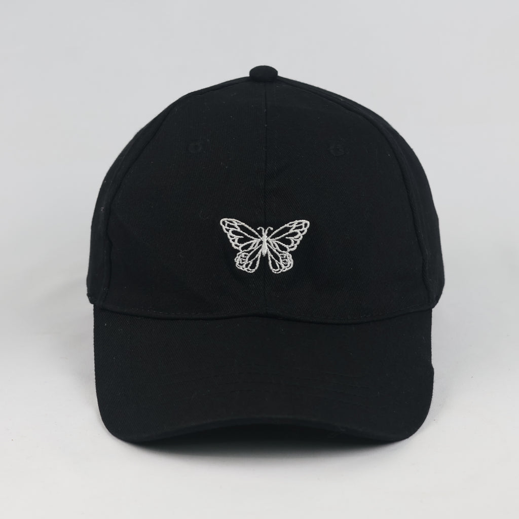 Thrifted Sinsay White Butterfly Outline Black Strapback Cap - Size 56-58cm
