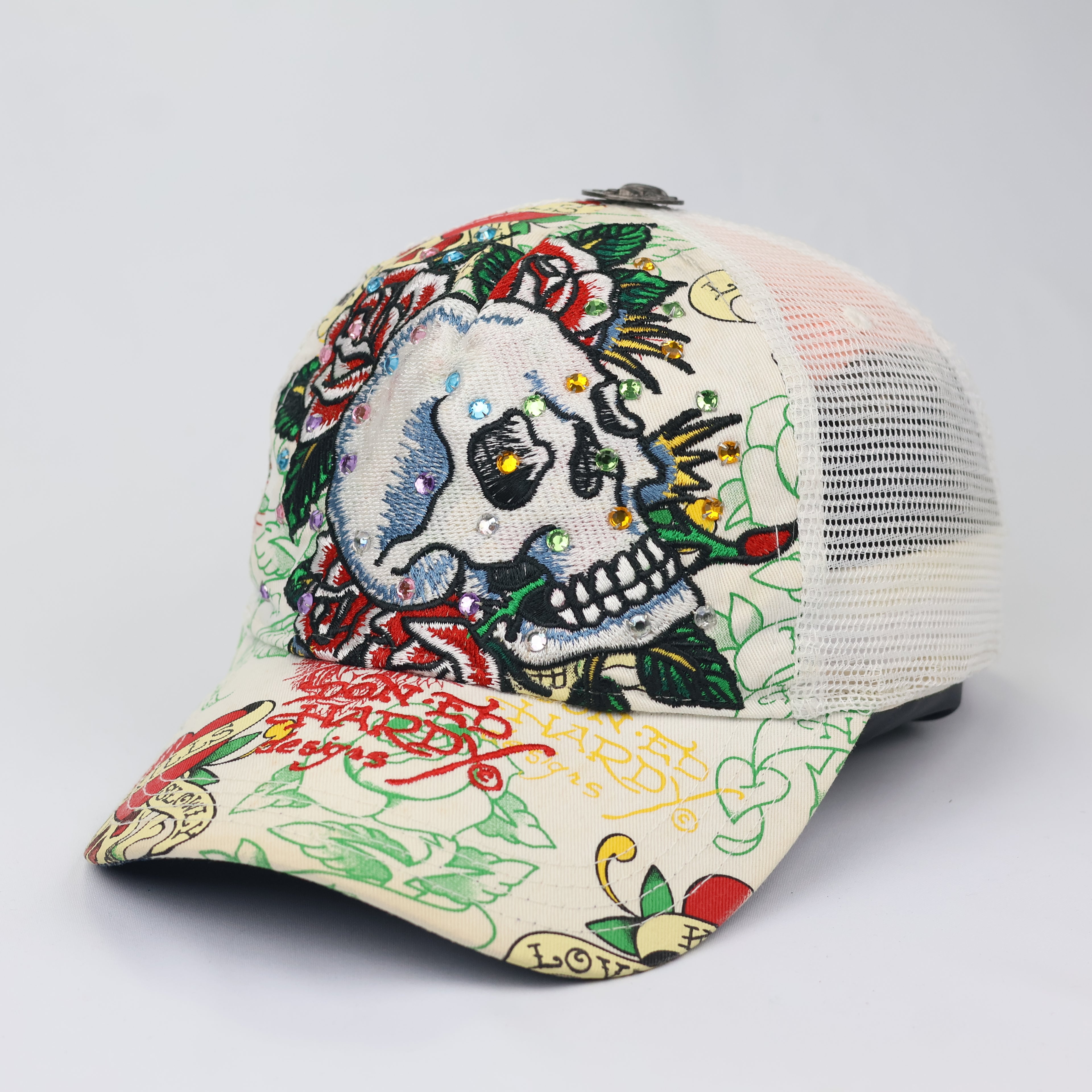 Vintage Ed Hardy Rhinestone Skull Trucker Hat - Cream/White