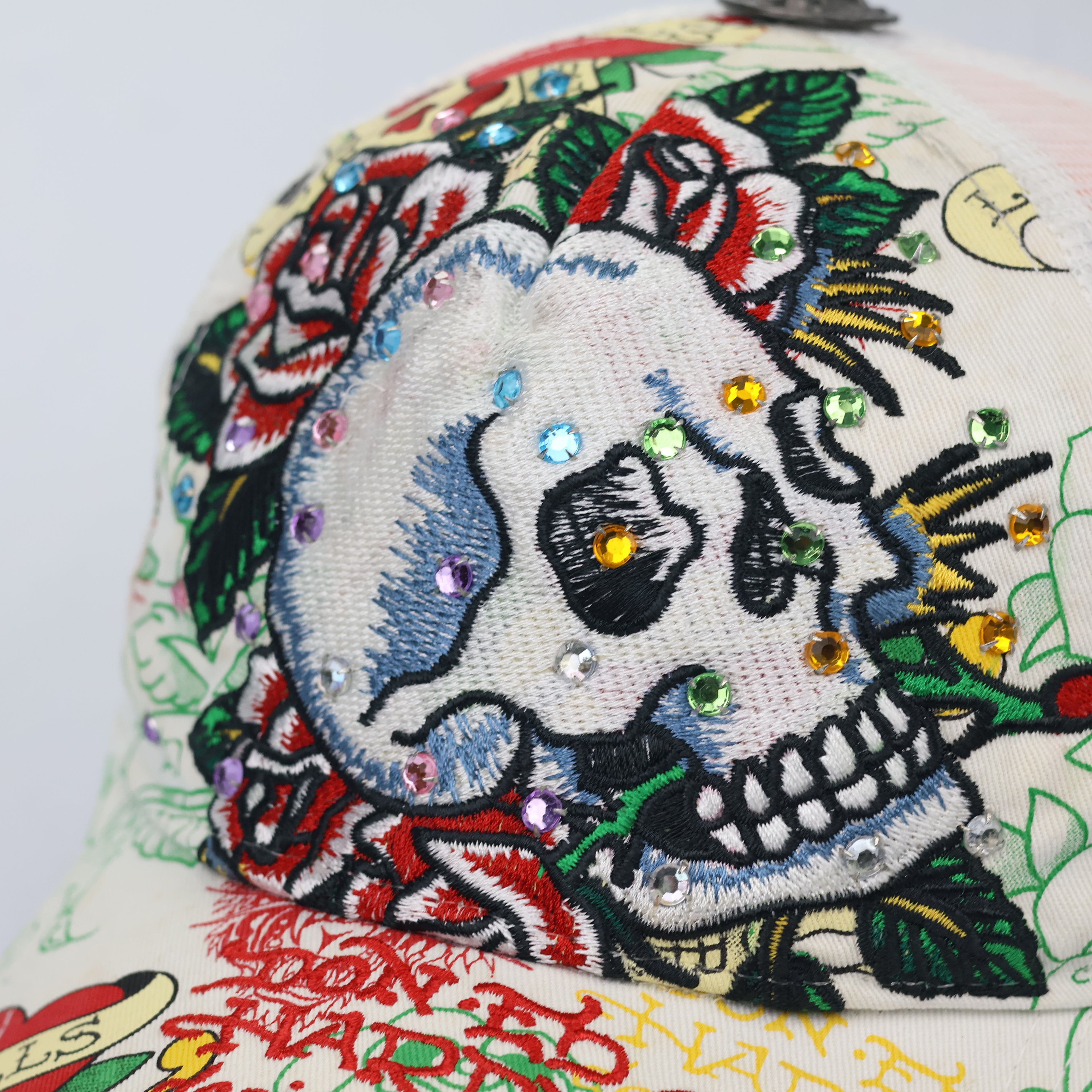 Vintage Ed Hardy Rhinestone Skull Trucker Hat - Cream/White