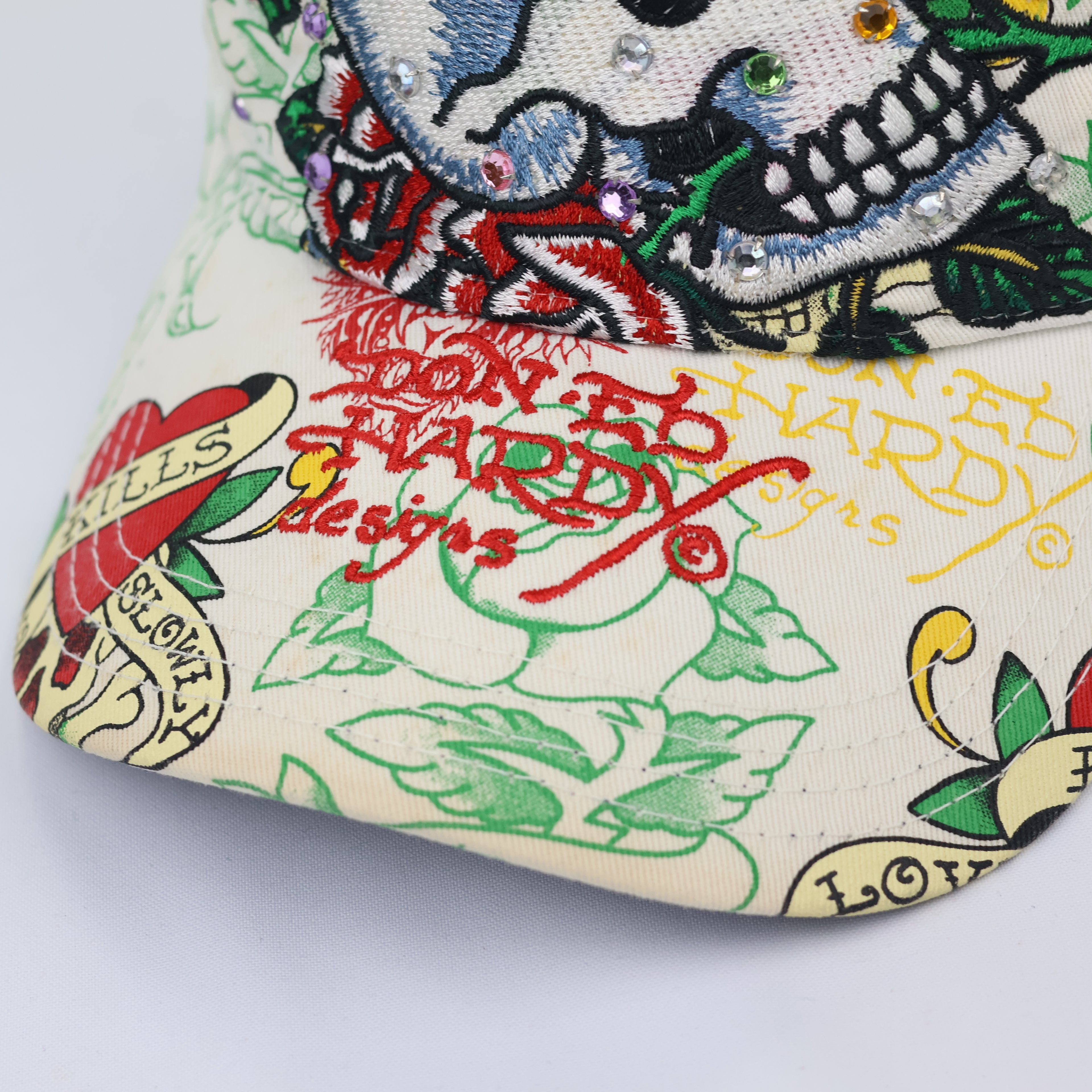 Vintage Ed Hardy Rhinestone Skull Trucker Hat - Cream/White