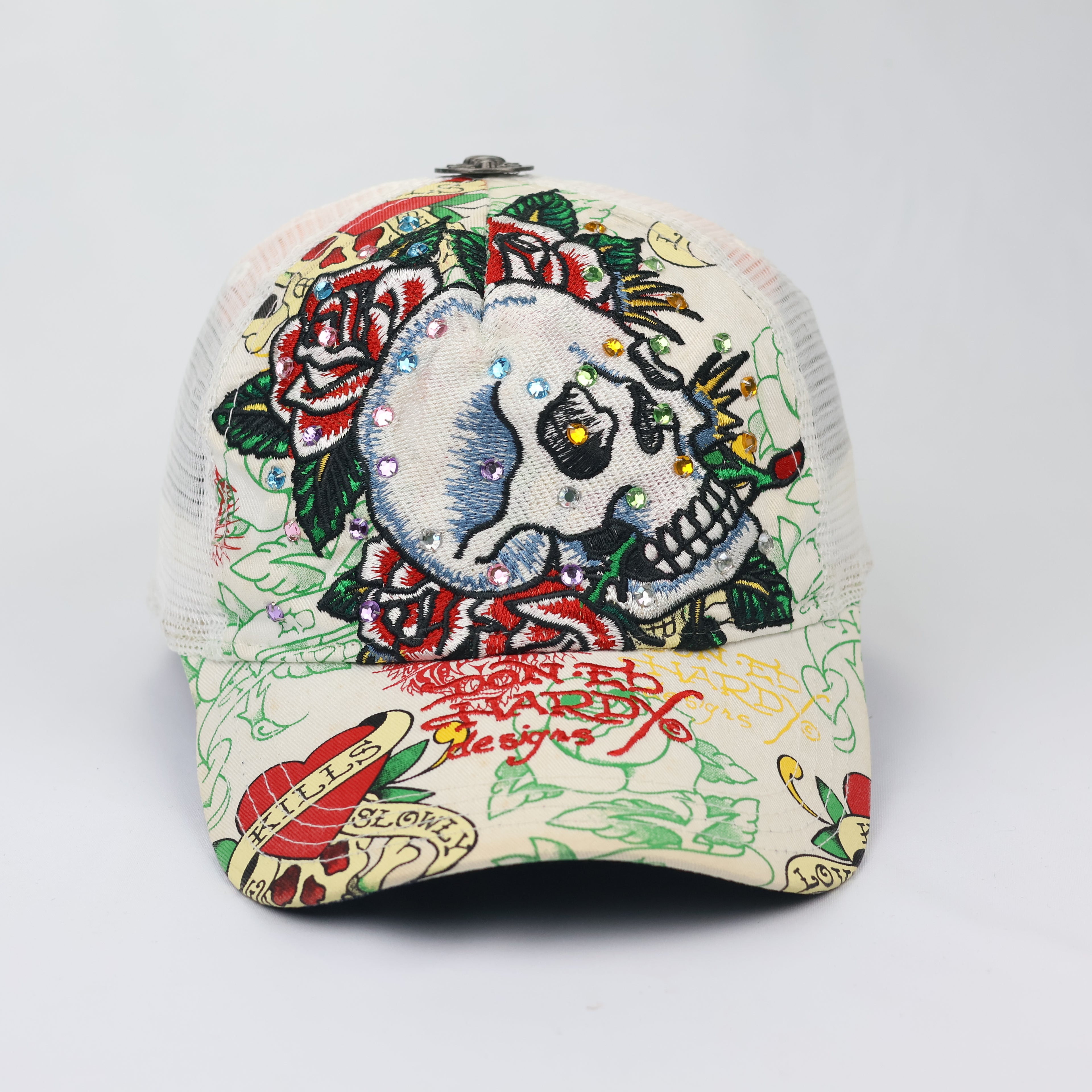 Vintage Ed Hardy Rhinestone Skull Trucker Hat - Cream/White