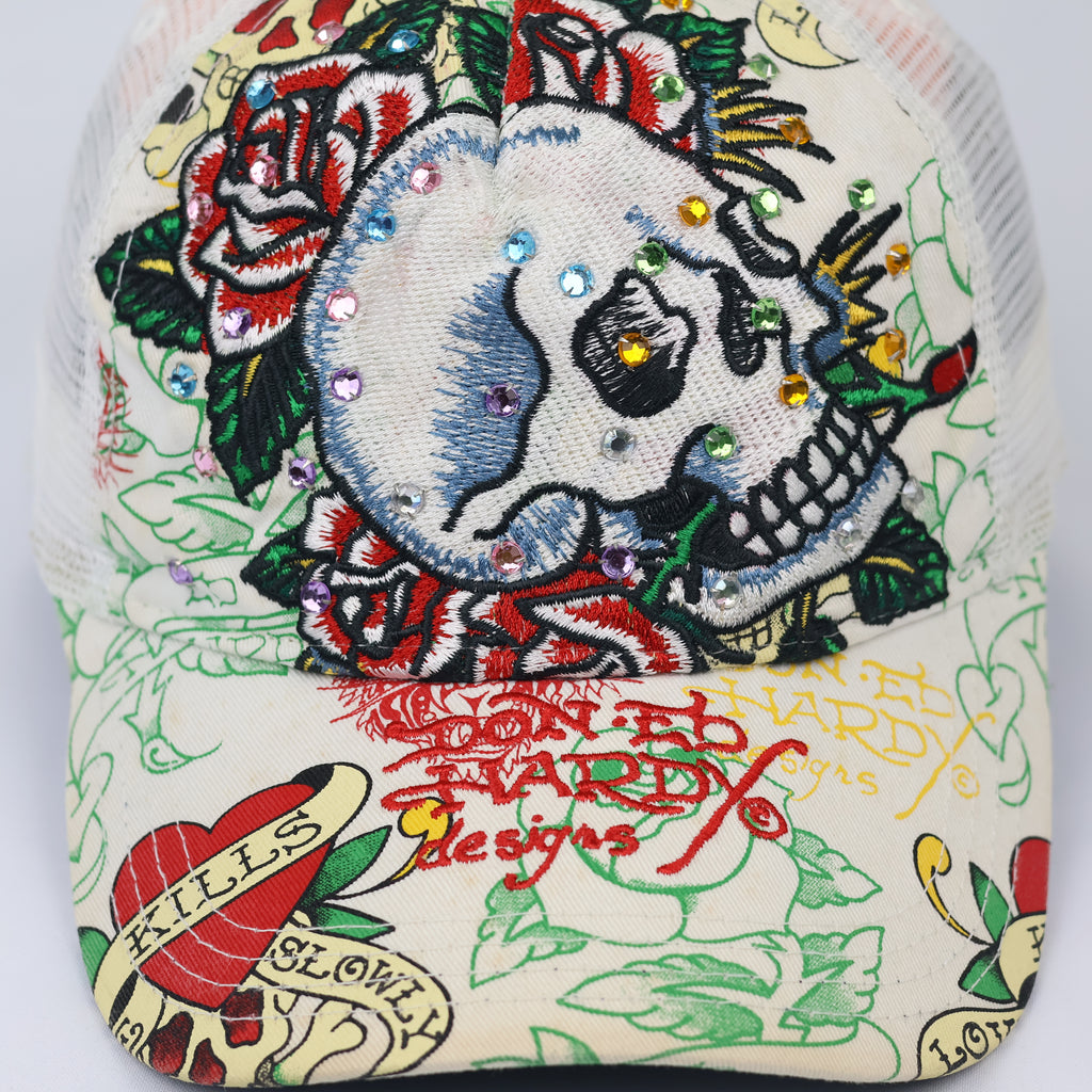 Vintage Ed Hardy Rhinestone Skull Trucker Hat - Cream/White