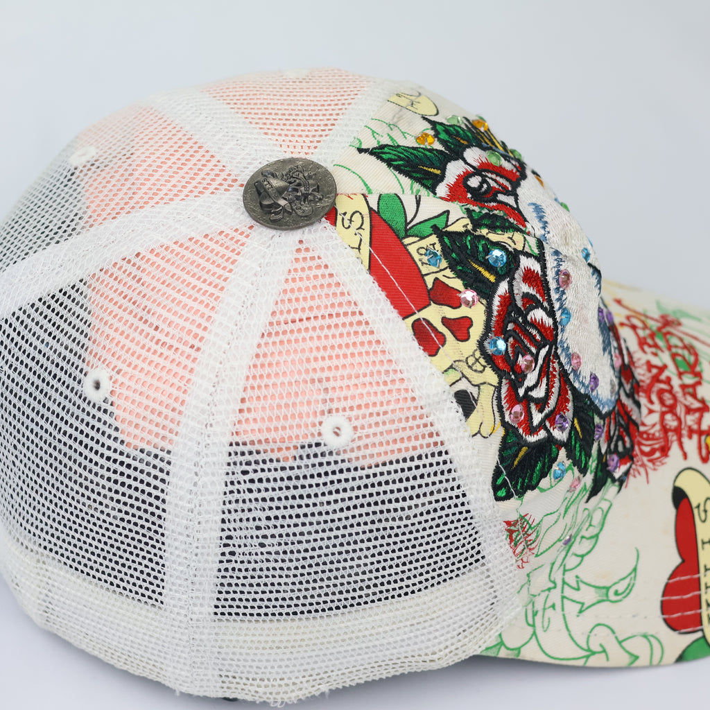 Vintage Ed Hardy Rhinestone Skull Trucker Hat - Cream/White