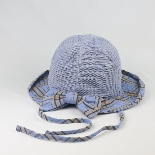 Vintage Light Blue Breathable Straw Sun Hat with Plaid Bow Tie - Size 56-57cm