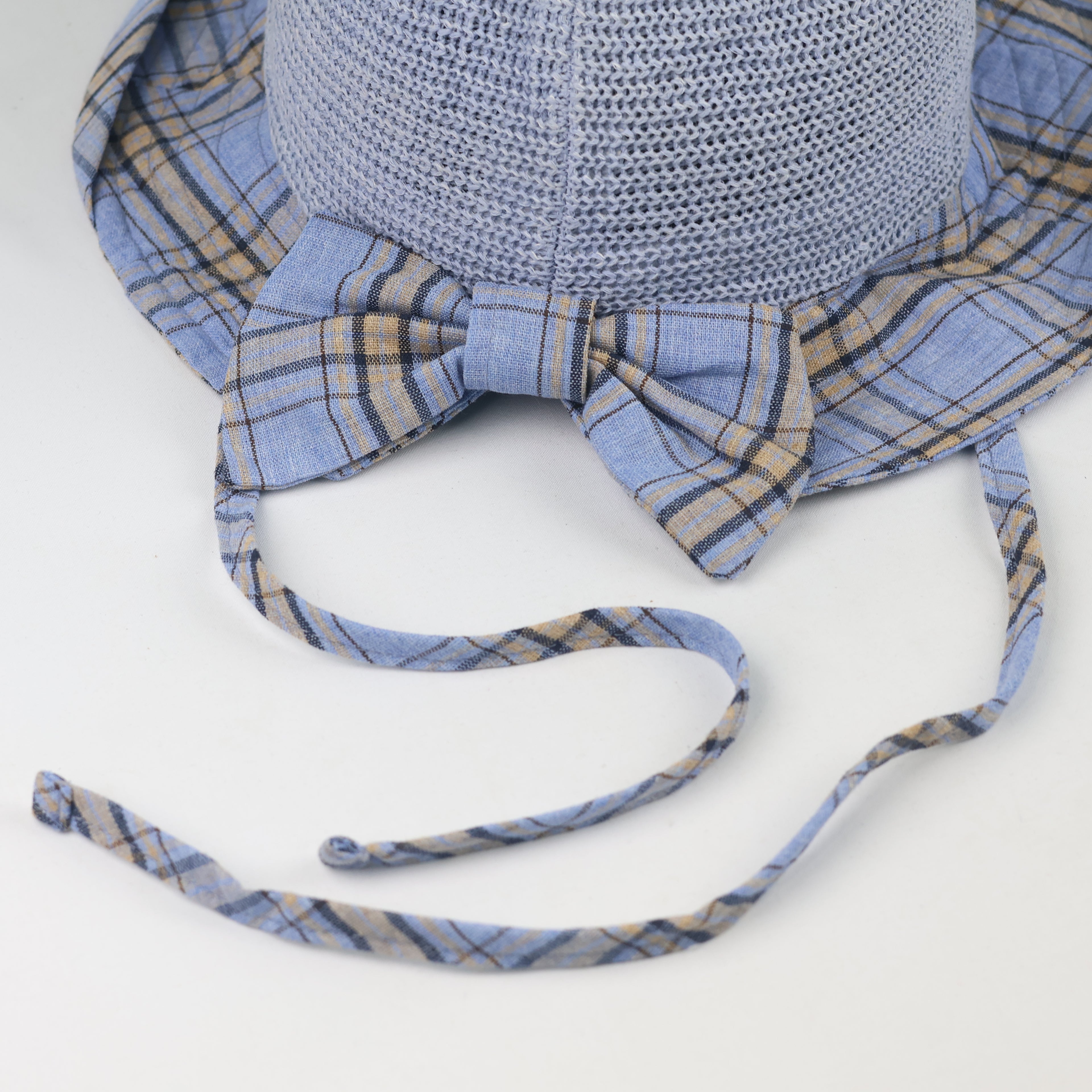 Vintage Light Blue Breathable Straw Sun Hat with Plaid Bow Tie - Size 56-57cm