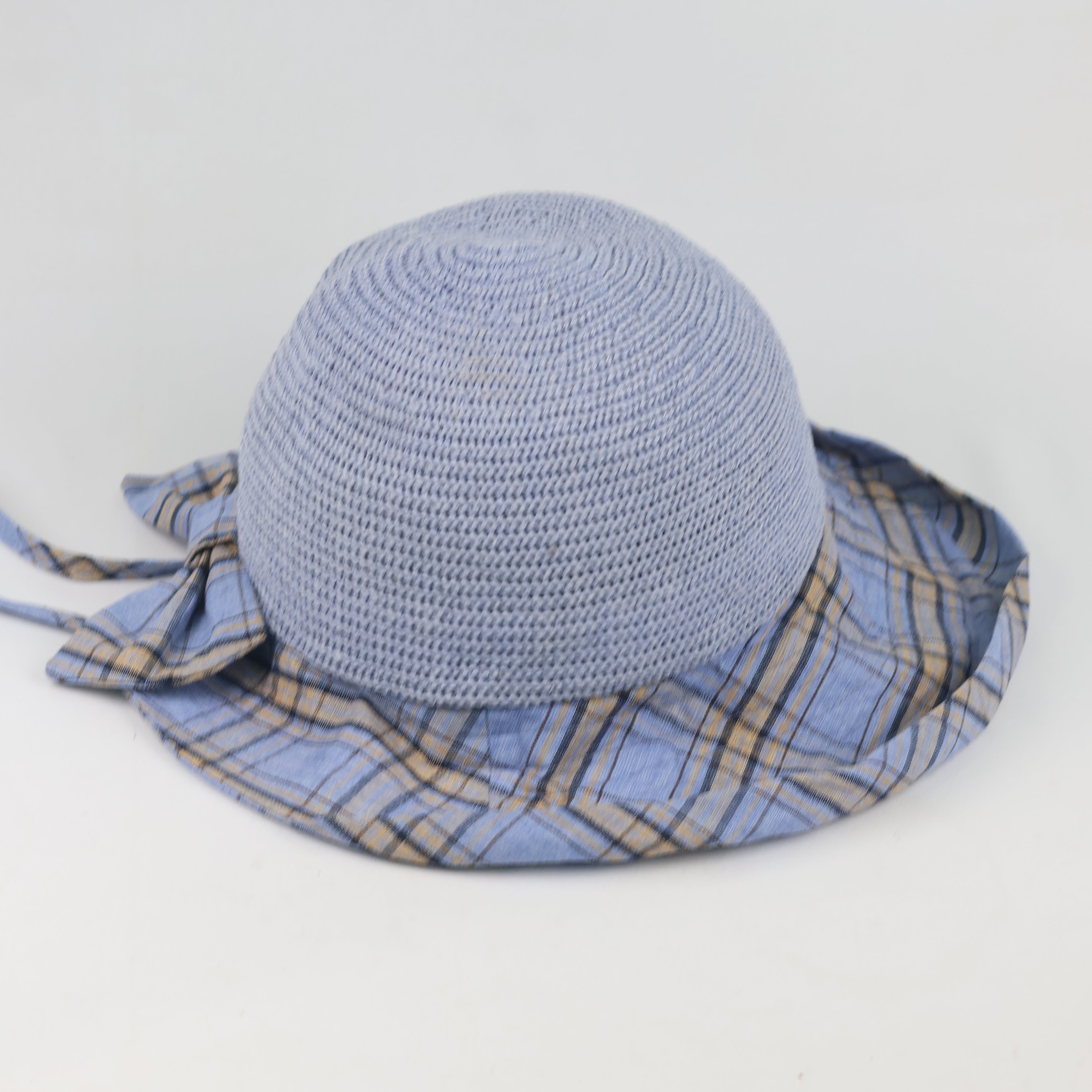 Vintage Light Blue Breathable Straw Sun Hat with Plaid Bow Tie - Size 56-57cm