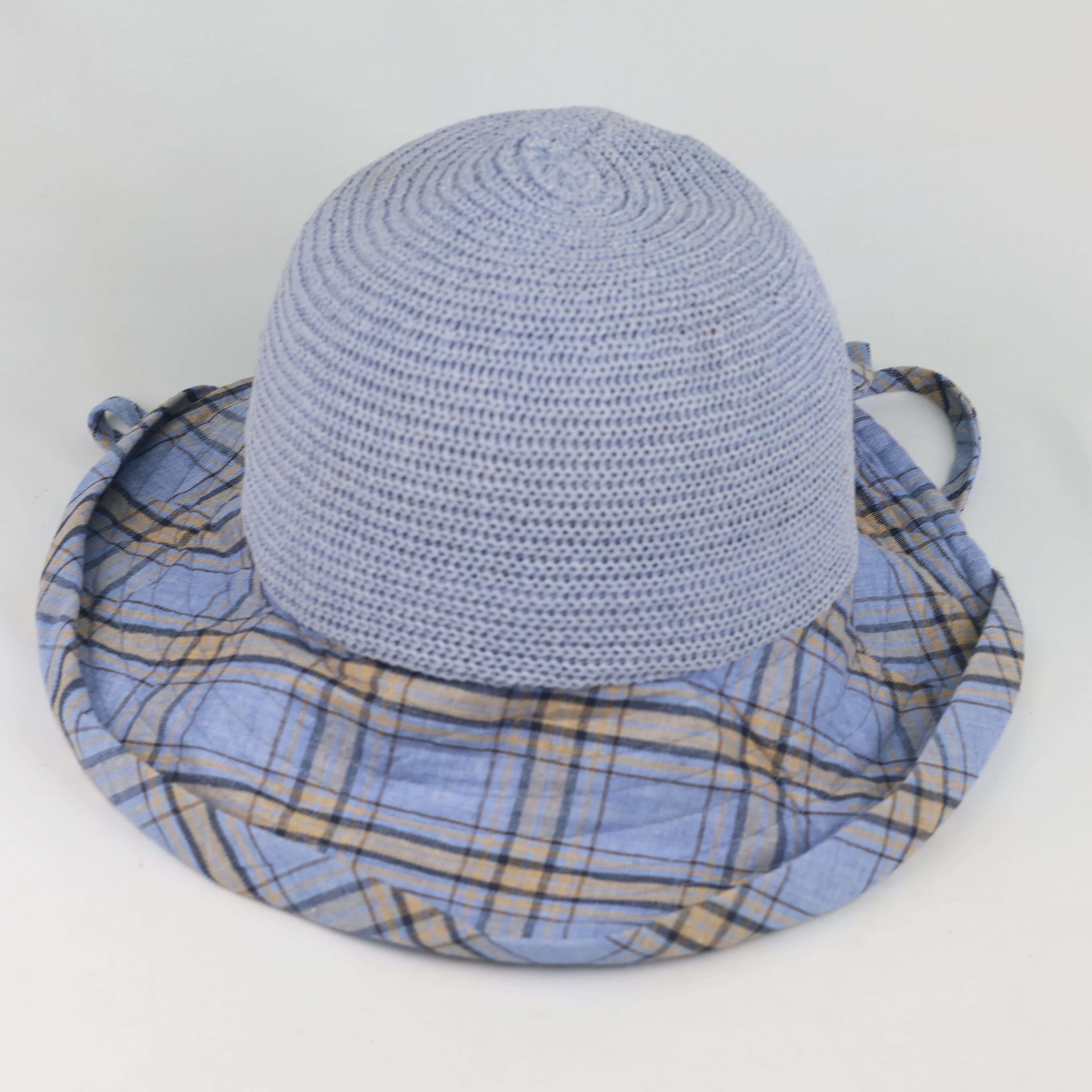 Vintage Light Blue Breathable Straw Sun Hat with Plaid Bow Tie - Size 56-57cm
