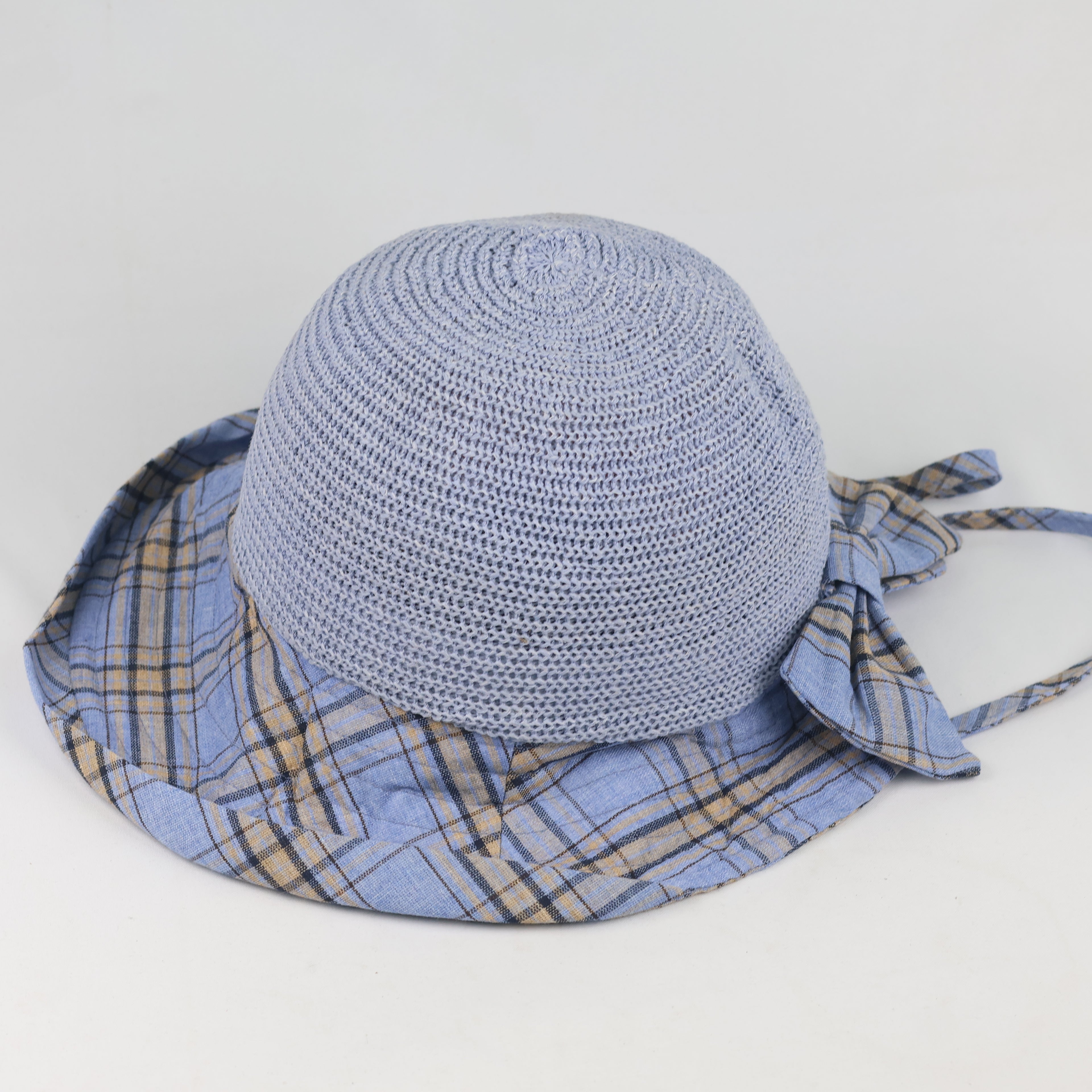 Vintage Light Blue Breathable Straw Sun Hat with Plaid Bow Tie - Size 56-57cm