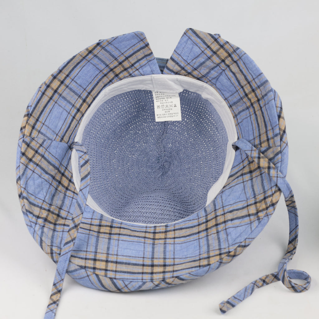 Vintage Light Blue Breathable Straw Sun Hat with Plaid Bow Tie - Size 56-57cm