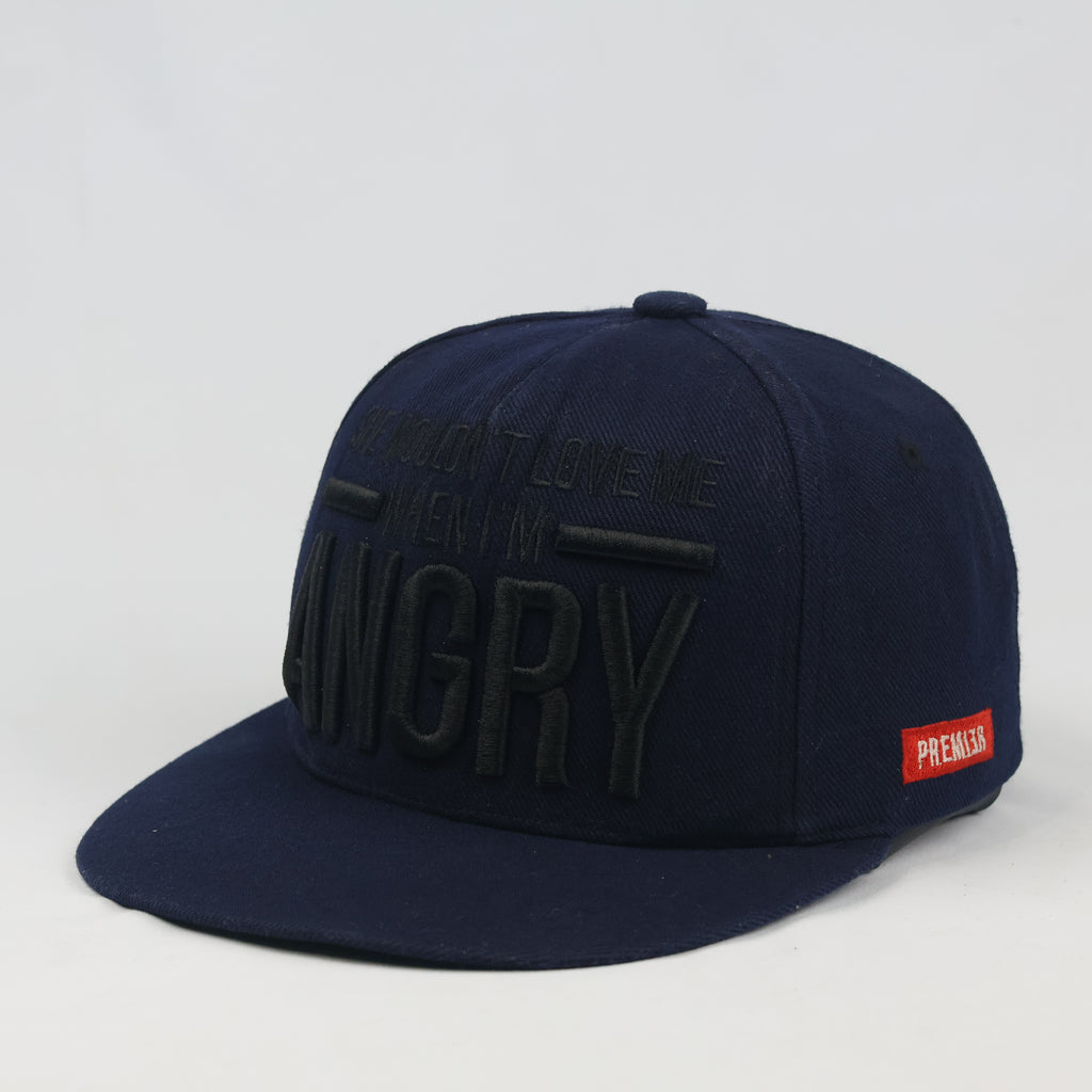 Thrifted Premier Navy Blue "Angry" Slogan Snapback Hat - Size 57-59cm