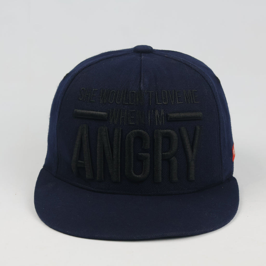 Thrifted Premier Navy Blue "Angry" Slogan Snapback Hat - Size 57-59cm