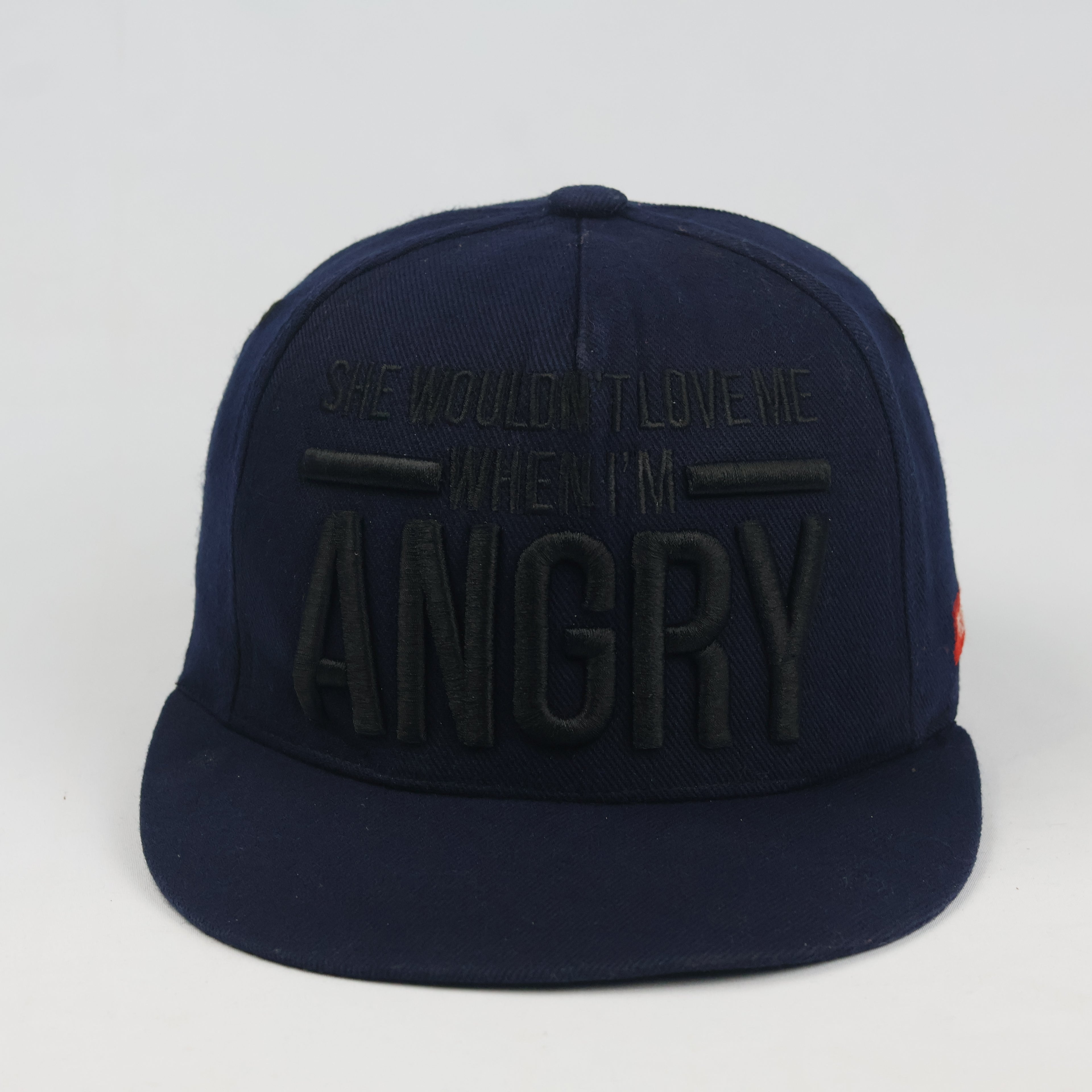 Thrifted Premier Navy Blue "Angry" Slogan Snapback Hat - Size 57-59cm
